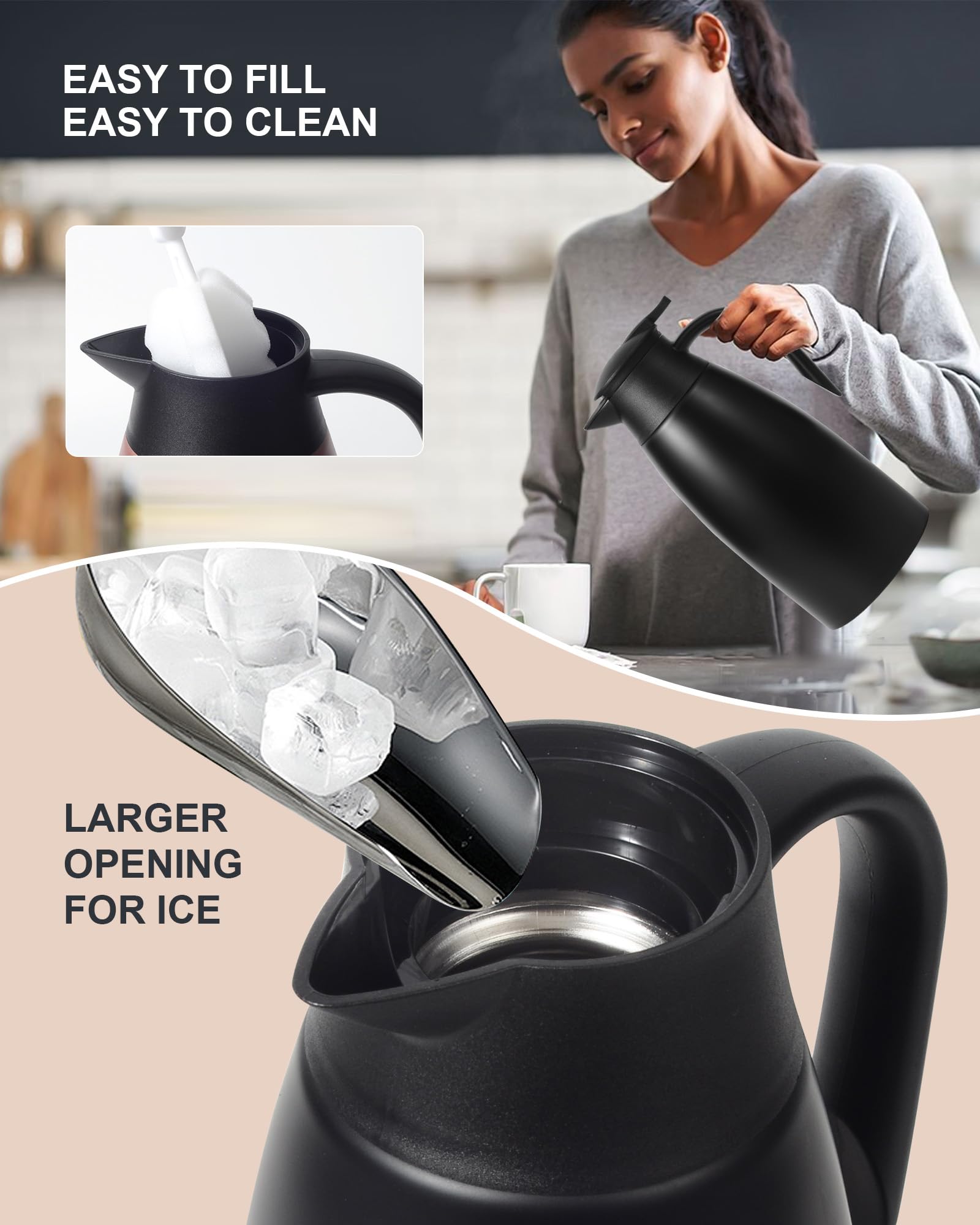 Tgvasz 70oz Black Stainless Steel Thermal Coffee Carafe - Insulated Pot Keeps Liquid Hot for 12 Hours - Ideal for Coffee & Hot Water