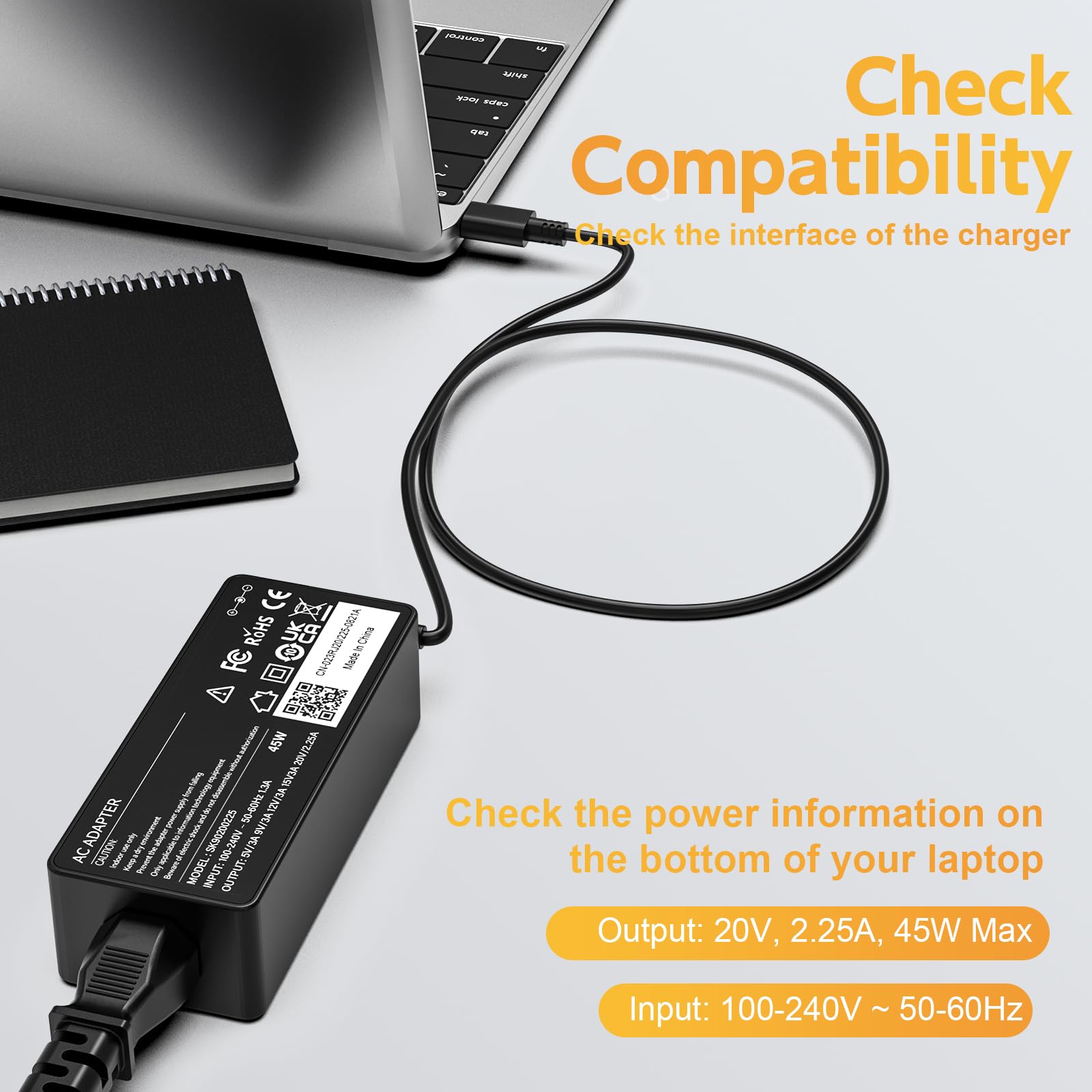 45W Usb C Chromebook Charger For Hp Chromebook, Lenovo Chromebook Thinkpad/Yoga, Asus, Acer, Dell Latitude, Samsung Laptop; Univ