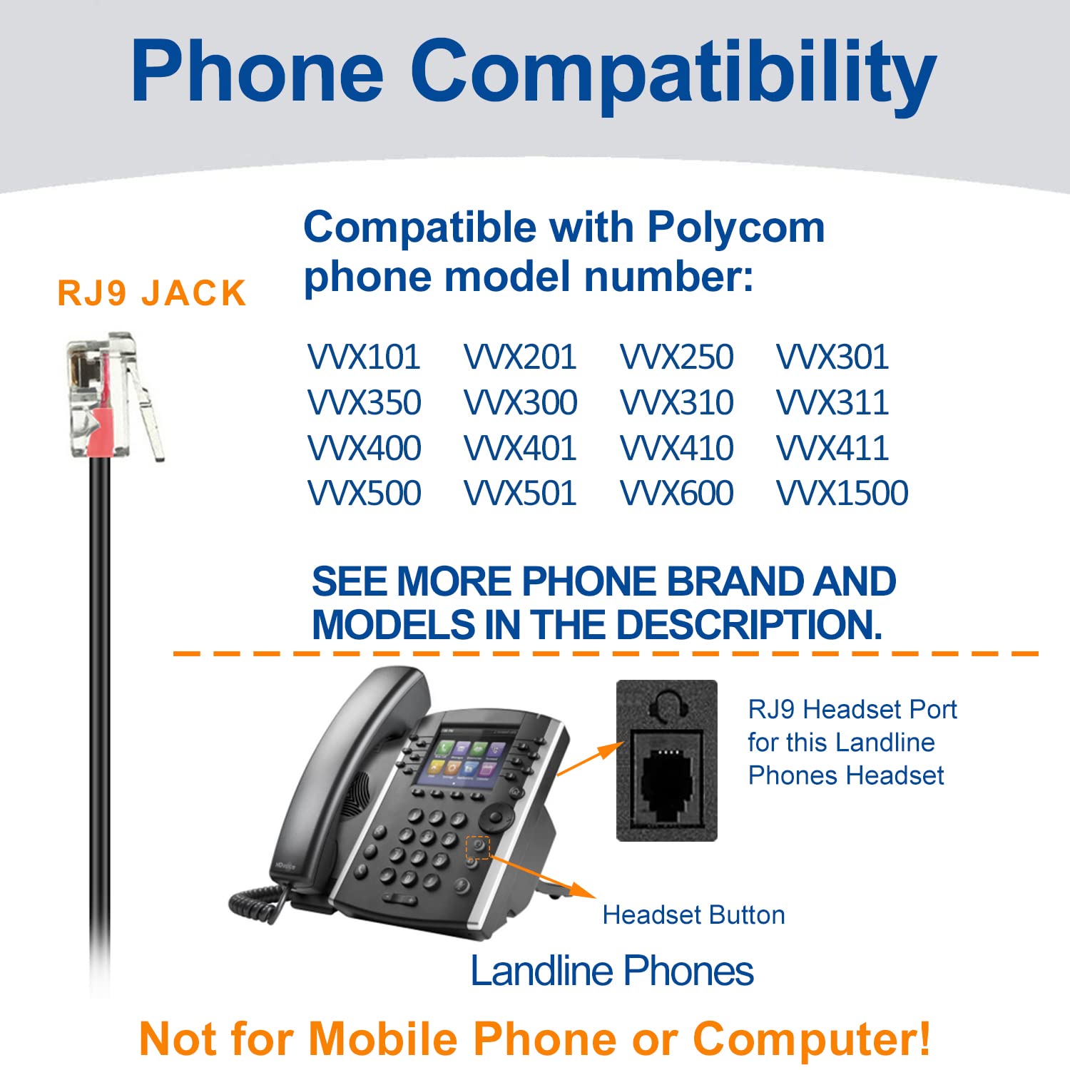 Phone Headsets Rj9 With Noise Cancelling Microphone, Corded Office Telephone Headset Compatible With Polycom Vvx201 Vvx250 Vvx35