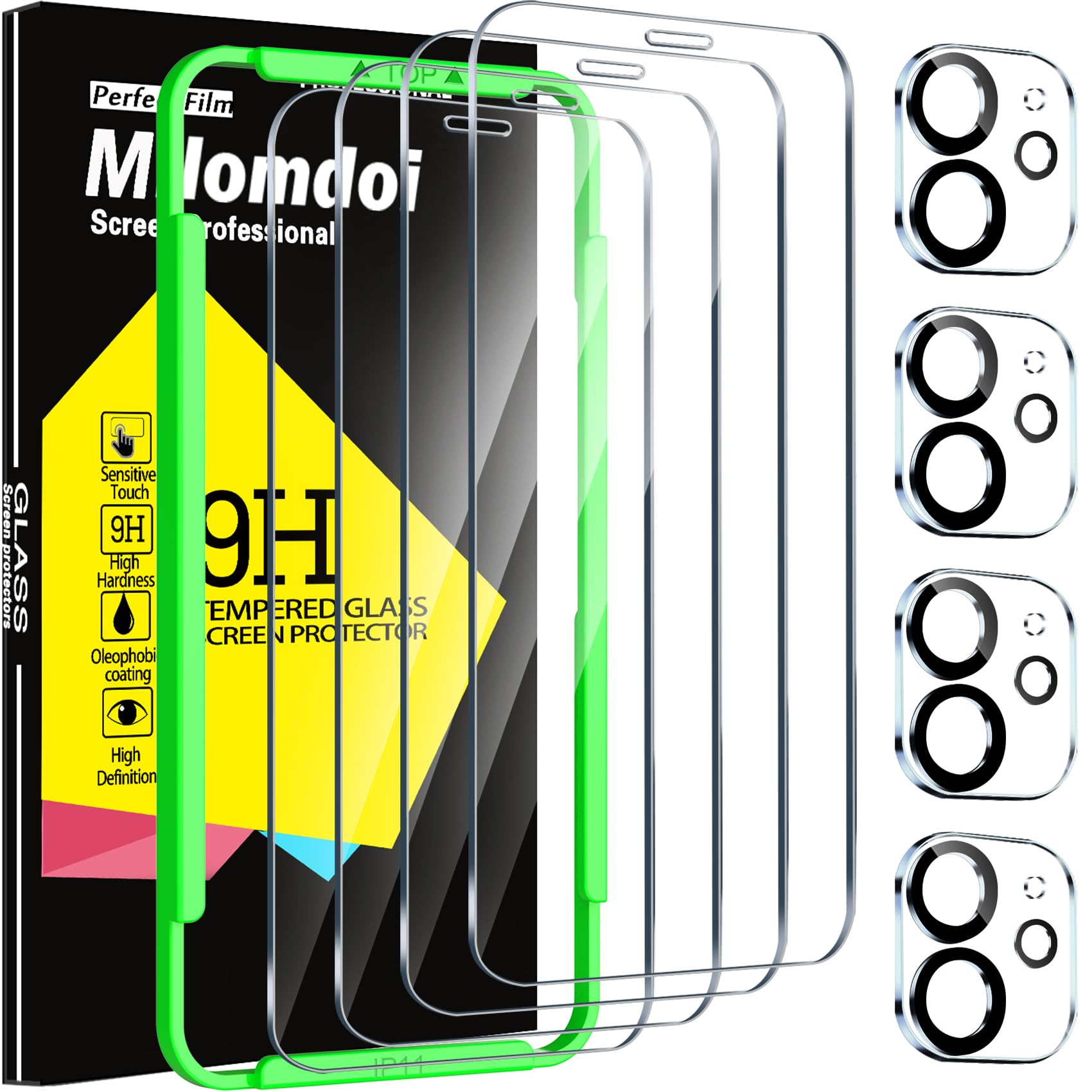 Milomdoi 4 Pack Screen Protector For Apple Iphone 11 With 4 Pack Tempered Glass Camera Lens Protector, Ultra 9H Accessories, Cas