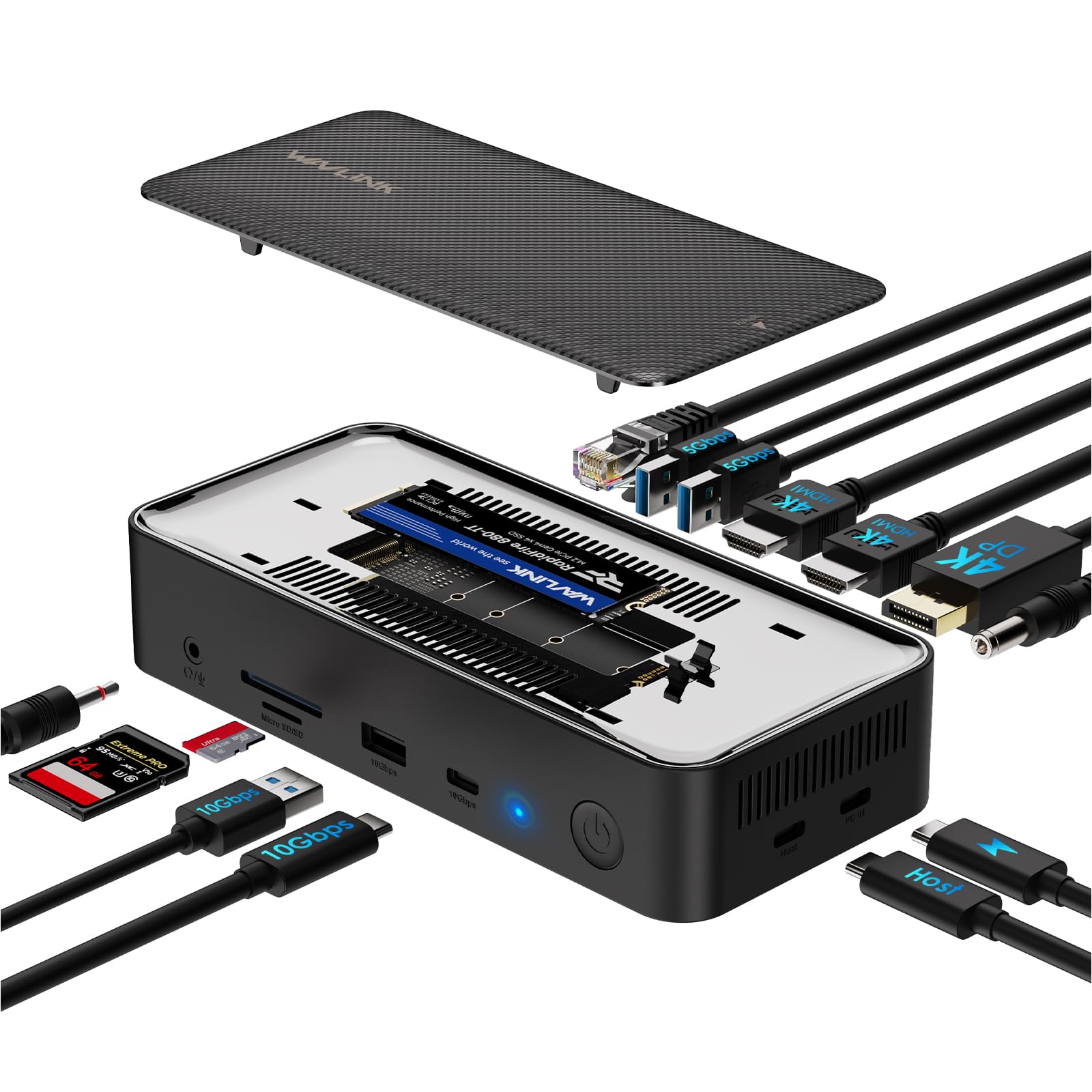 Wavlink Usb C Docking Station 3 Monitors, 13 In 1 Usb C Hub With 10Gbps M.2 Pcie/Sata Ssd Enclosure, Expands Macbook/Mac Mini (M4/M3/M2/M1), 4K@60Hz Hdmi/Dp, 100W Pd, Usb C/Usb A, Sd/Tf, Gigabit Rj45