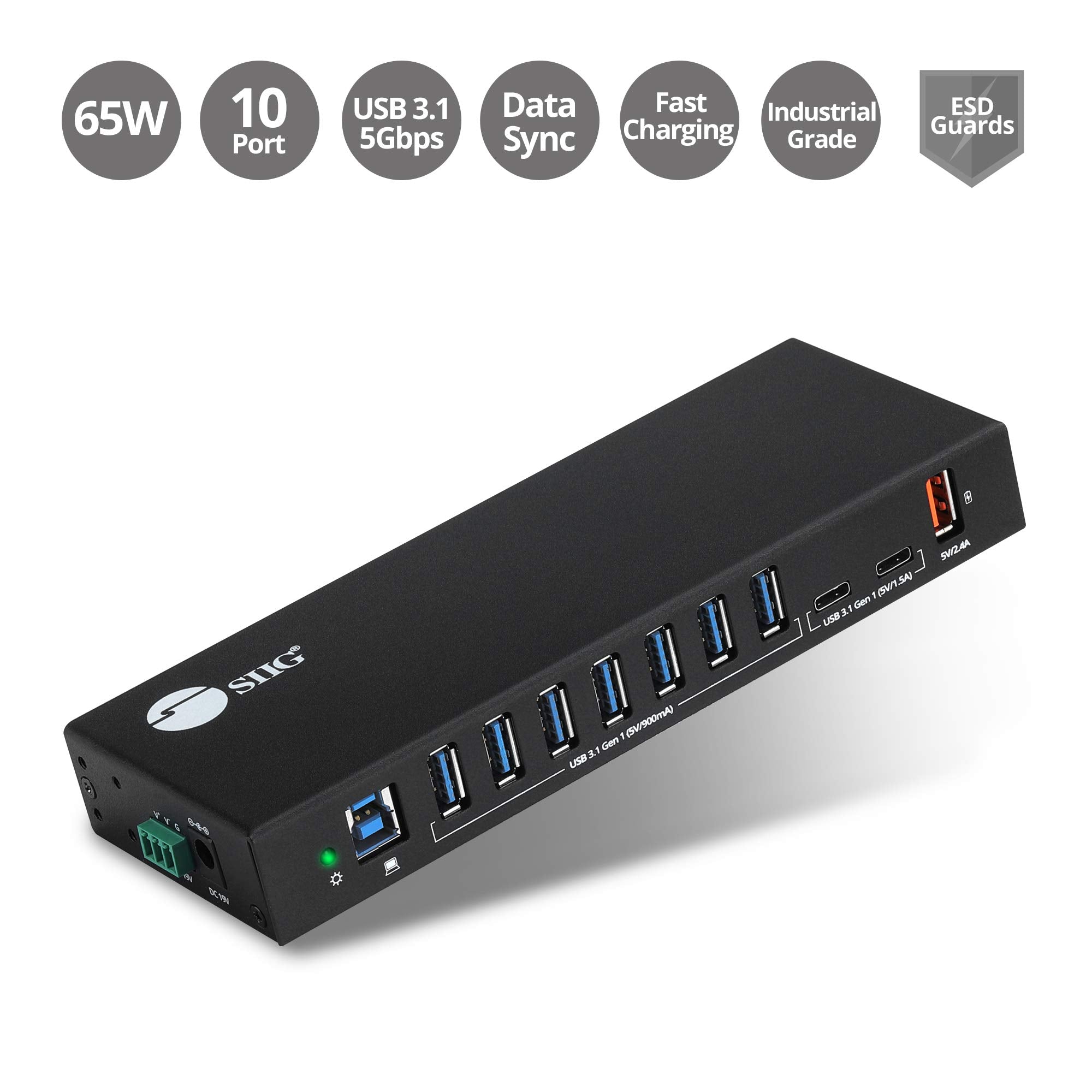 Siig Industrial Powered Usb C & Usb 3.1 Hub, Splitter, 10 Port, Powered Multiport Hub Expander For Desktop, Laptop, Tablets, Cel