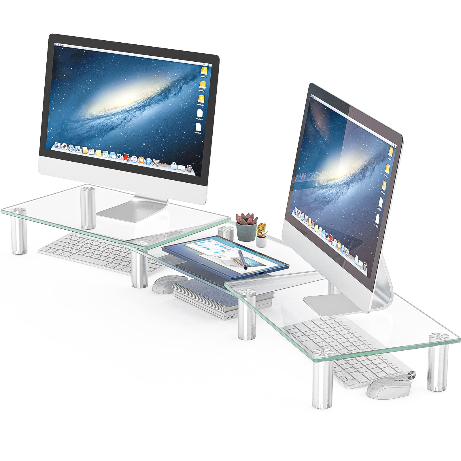 Hemudu Dual Monitor Stand  Adjustable Length And Angle Dual Monitor Riser, Desktop Organizer For Pc, Computer, Laptop (Clear)