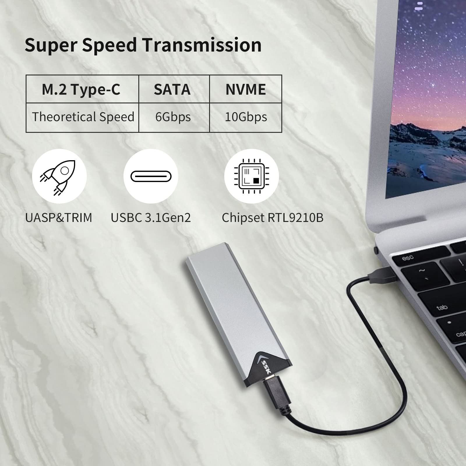 Ssk Aluminum M.2 Nvme Sata Ssd Enclosure Adapter, Usb 3.2 Gen 2 (10 Gbps) To Nvme Pci E Sata M Key/(B+M) Key Solid State Drive External Enclosure Support Uasp Trim For Nvme/Sata Ssds 2242/2260/2280