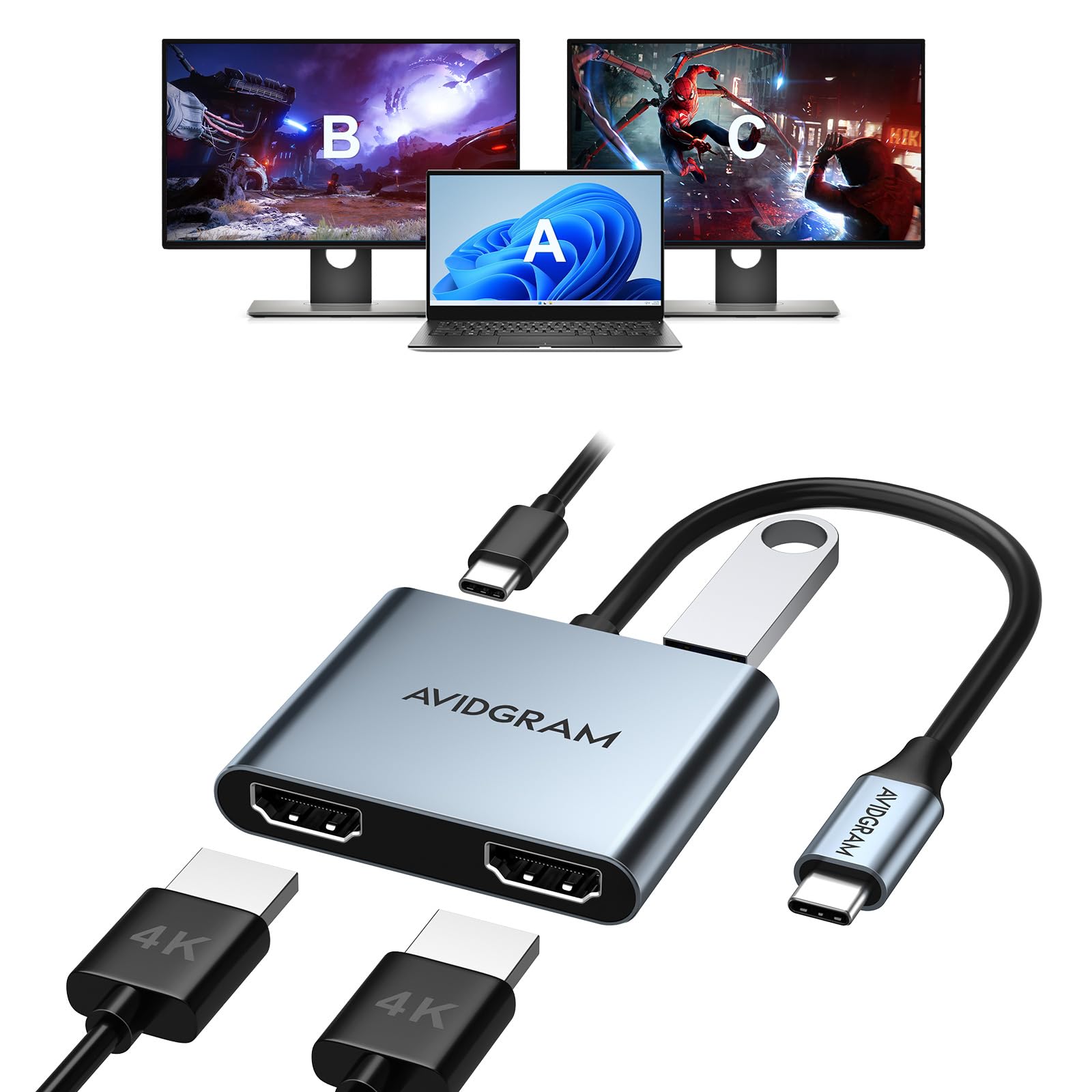 Usb C To Dual Hdmi Adapter 4K 30Hz, Avidgram Usb C Hub Multiport Adapter With Dual Hdmi, Usb 3.0, 100W Pd, Support Usb C To Hdmi