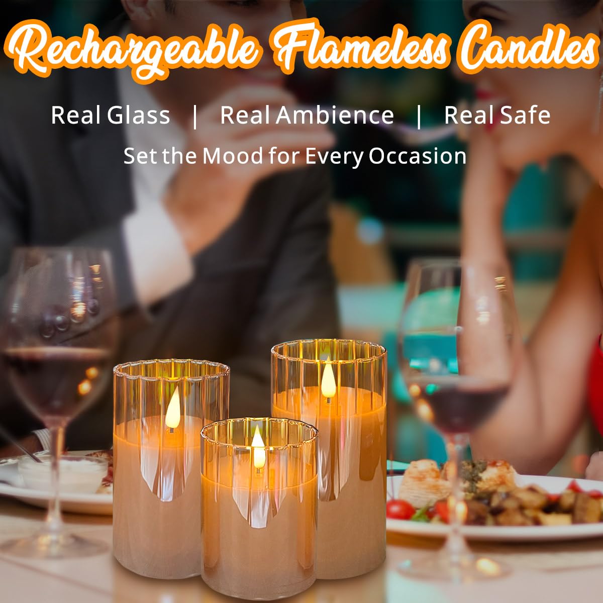 Ledholyt Rechargeable Flameless Candle, Flashing Led Pillar Real Wax Candle With Remote Control And Timer, Gold Stripes Glass El