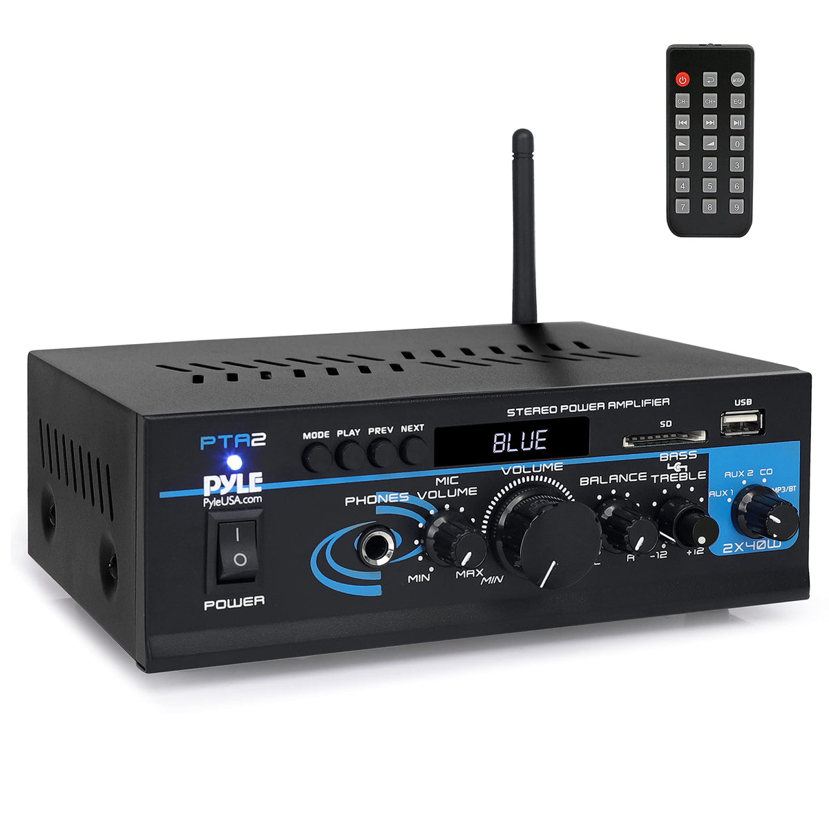 Pyle Home Audio Power Amplifier System   2X40W Bluetooth Mini Dual Channel Mixer Sound Stereo Receiver Box W/ Aux, Mic Input   F