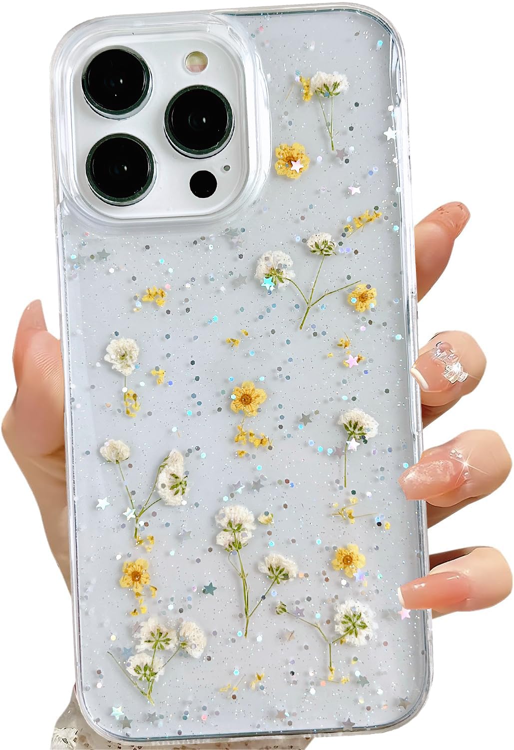 Lseeka For Iphone 14 Pro Max Clear Case With Pressed Real Flowers Design,Glitter Cute Yellow Floral Pattern Slim Soft Tpu Protec