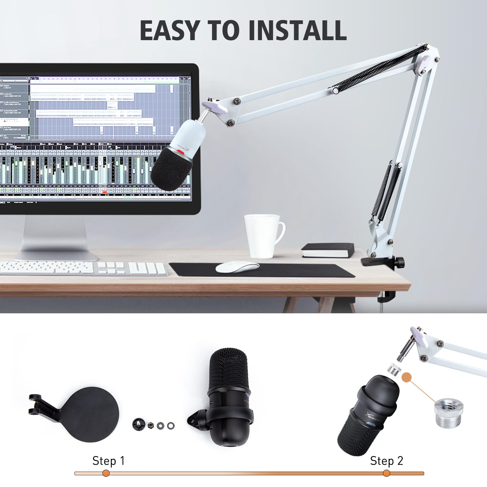 For Hyperx Solocast White Boom Arm   White Mic Arm Compatible With Hyper X Solocast, Microphone Boom Arm With Pop Filter, Improv