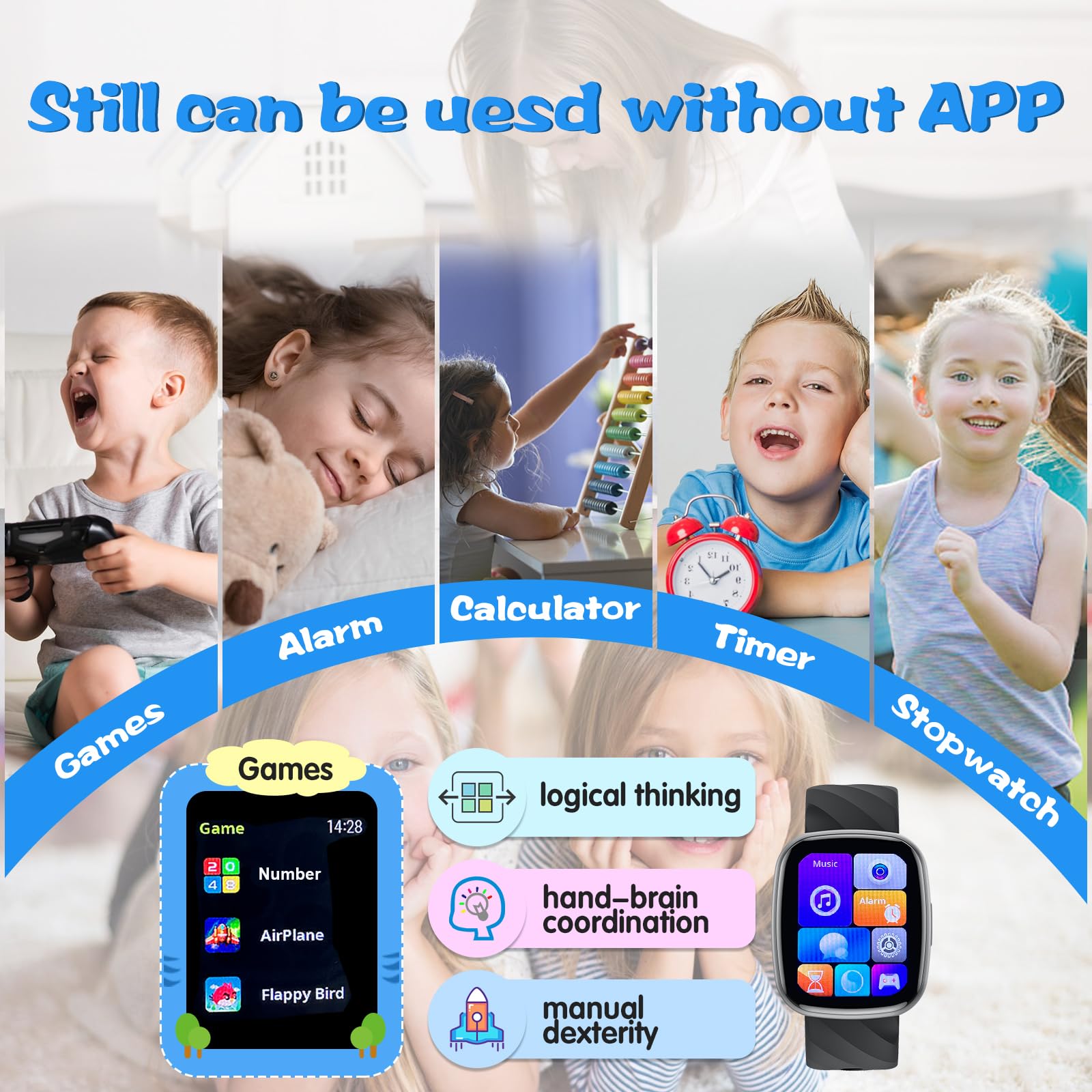 Smart Watch For Kids Fitness Activity Tracker For Boys Girls, Waterproof, Puzzle Games, Alarm Music, Sport Mode, Heart Rate, Sle