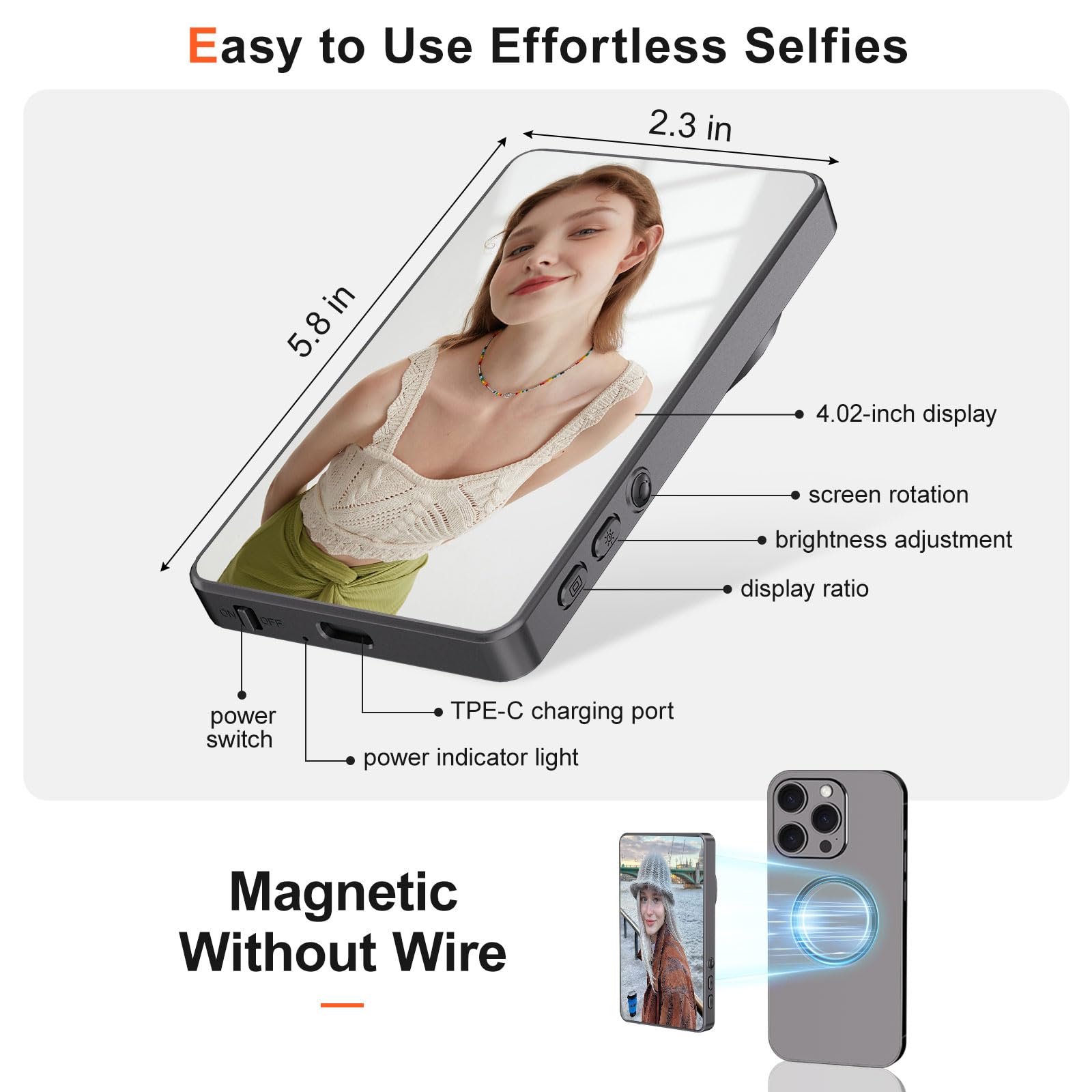 Myw Selfie Monitor Screen Phone, Vlog Selfie Monitor Screen Support Wireless Synchronization, 0 Latency, Remote Control Operatio