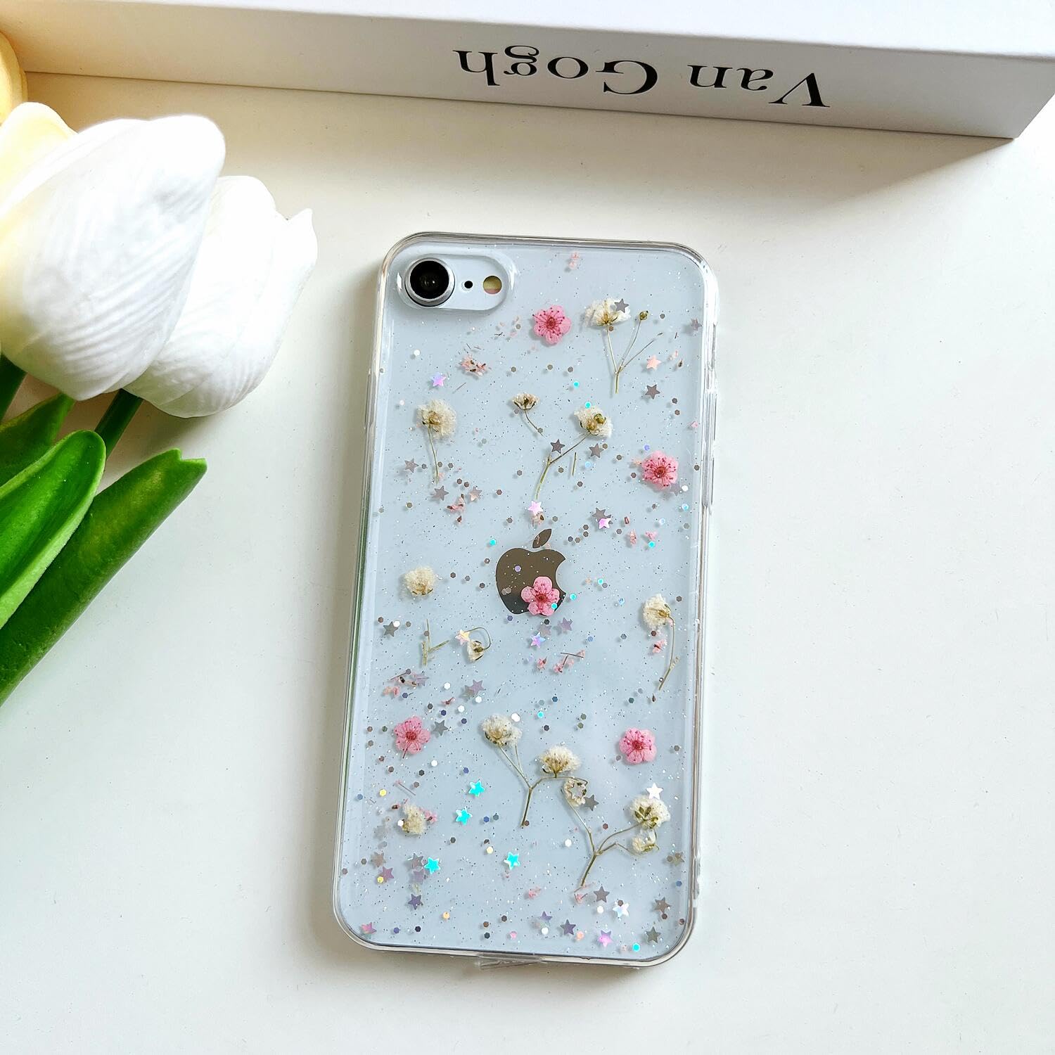 Lseeka For Iphone Se 2022/ Se 2020/8/7 Clear Case With Pressed Real Flowers Design,Glitter Cute Pink Floral Pattern Slim Soft Tp