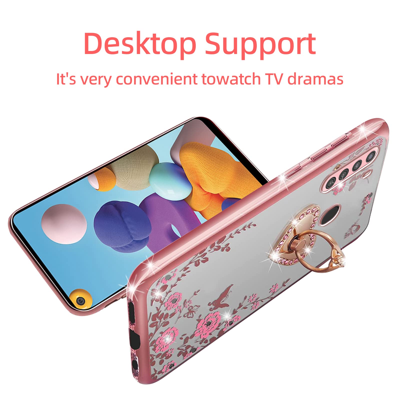 Kudini For Galaxy A21 Case, Samsung A21 Case For Women Girly Glitter Crystal Soft Tpu Bling Cute Butterfly Heart Floral Clear Pr