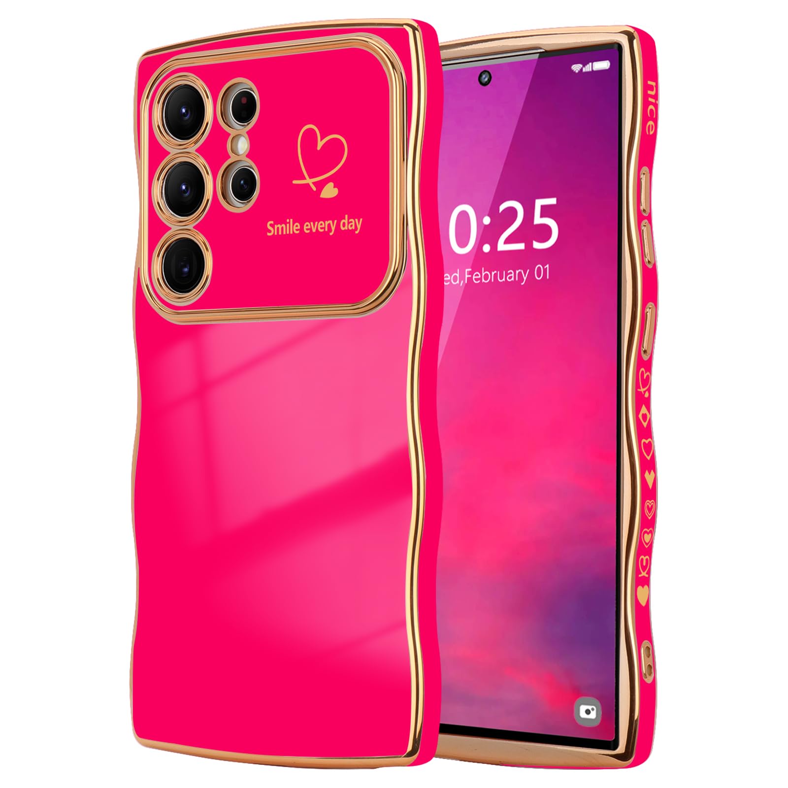 Lchulle For Samsung Galaxy S22 Ultra Case For Women Girls, Cute Wave Frame Curly Shape With Love Heart Camera Protection Cover L