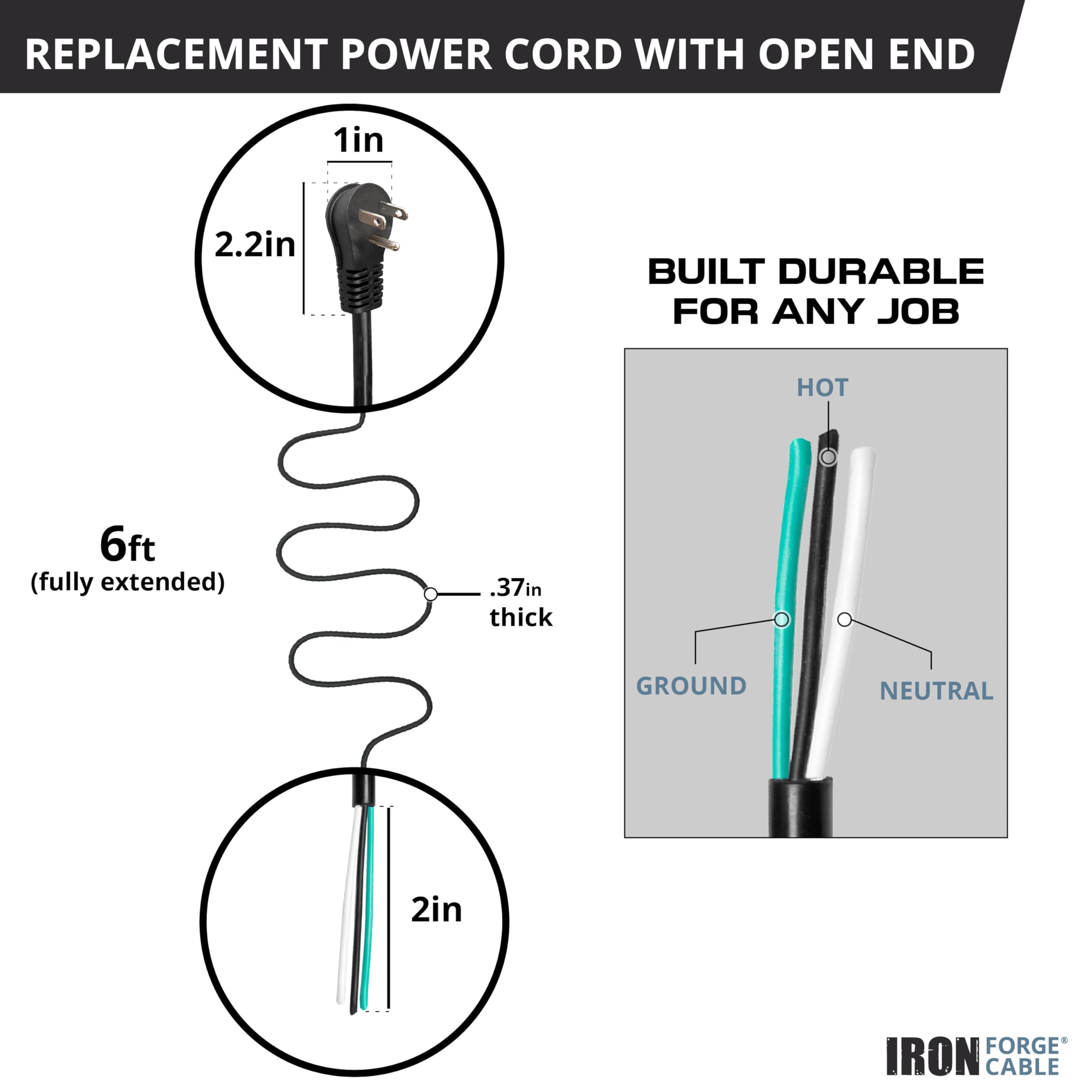 Iron Forge Cable 90 Degree Electrical Plug Slim Plug Head Replacement Power Cord With Open End   6 Ft Black Extension Cable,14/3