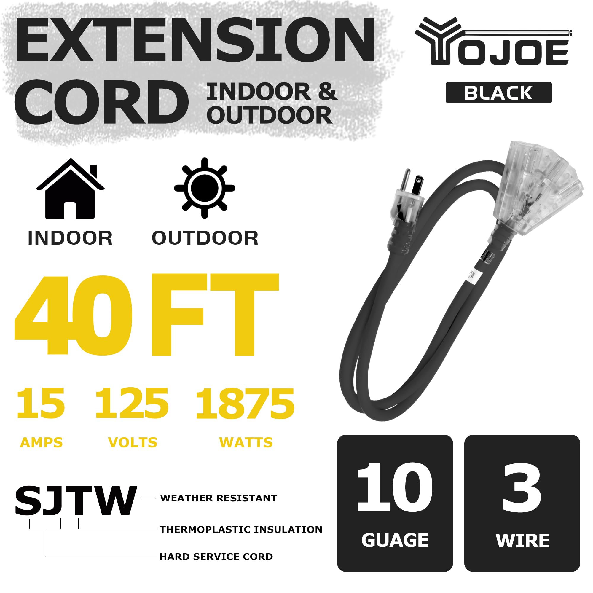 Yojoe 40 Foot 10/3 Lighted Outdoor Extension Cord With 3 Power Outlets   10 Gauge 3 Prong Sjtw Heavy Duty Black Extension Cable