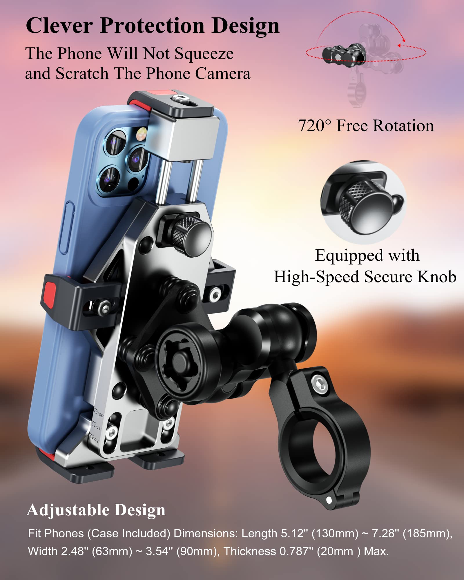 Brcovan Motorcycle Phone Mount With Vibration Dampener, Solid Aluminum Alloy, Anti Theft Motorcycle Phone Holder, Adjustable Handlebar Cell Phone Holder For Bike Scooter Atv, Fit 4.7'' 7.2'' Phone