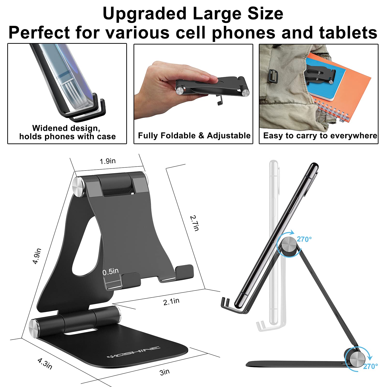 Yoshine Cell Phone Stand, Upgraded Phone Stand For Desk, Adjustable Tablet Stand, Foldable Portable Aluminum Phone Holder, Cradl