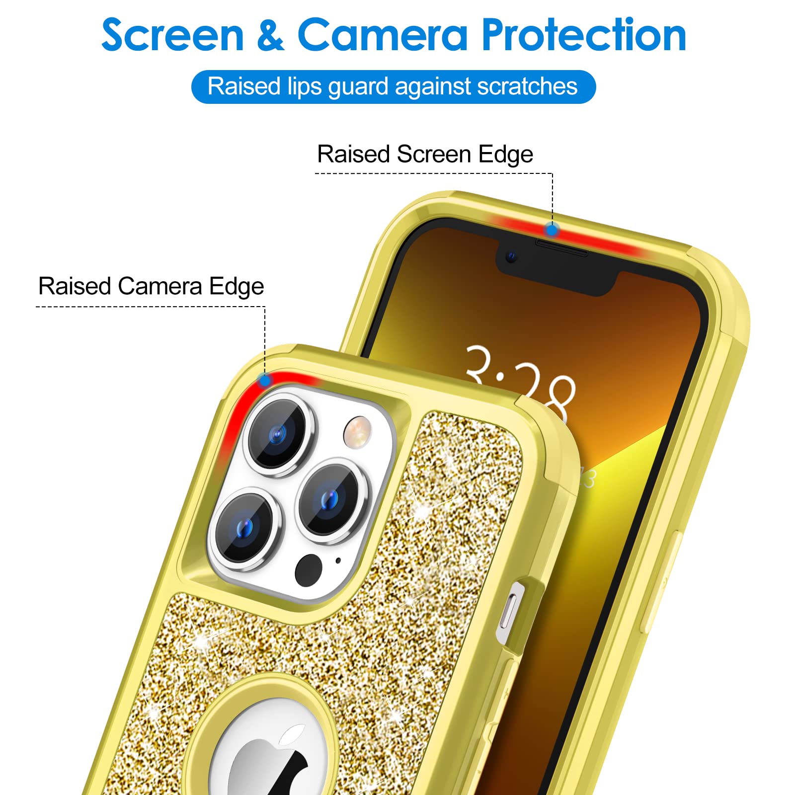 Hython Glitter Shockproof Hybrid Hard PC Soft TPU Phone Case for iPhone 13 Pro Max Yellow