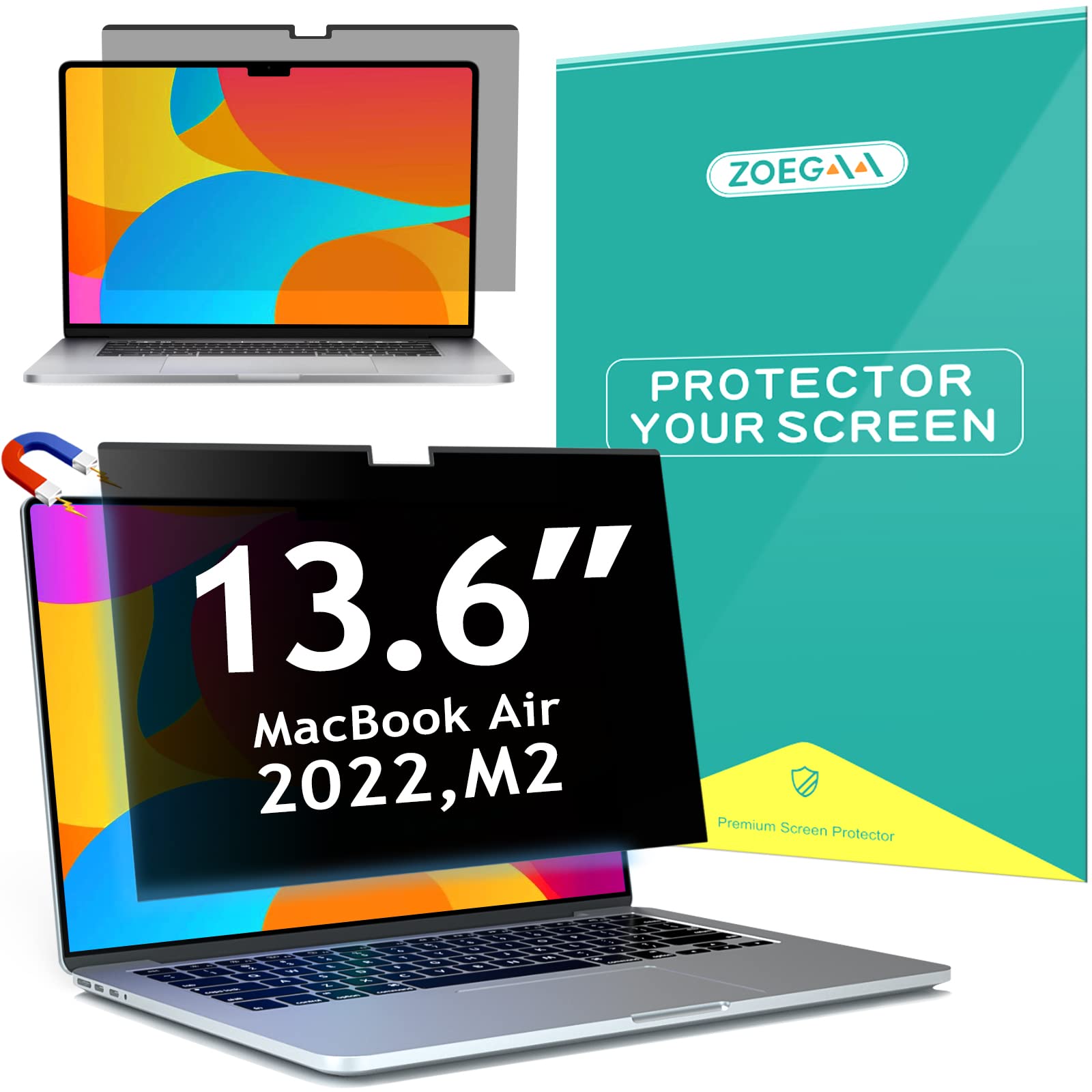 Zoegaa Macbook Air M2 Privacy Screen, Compatible With 2024/2023 Macbook Air M2 Privacy Screen Protector, Magnetic Removable Anti
