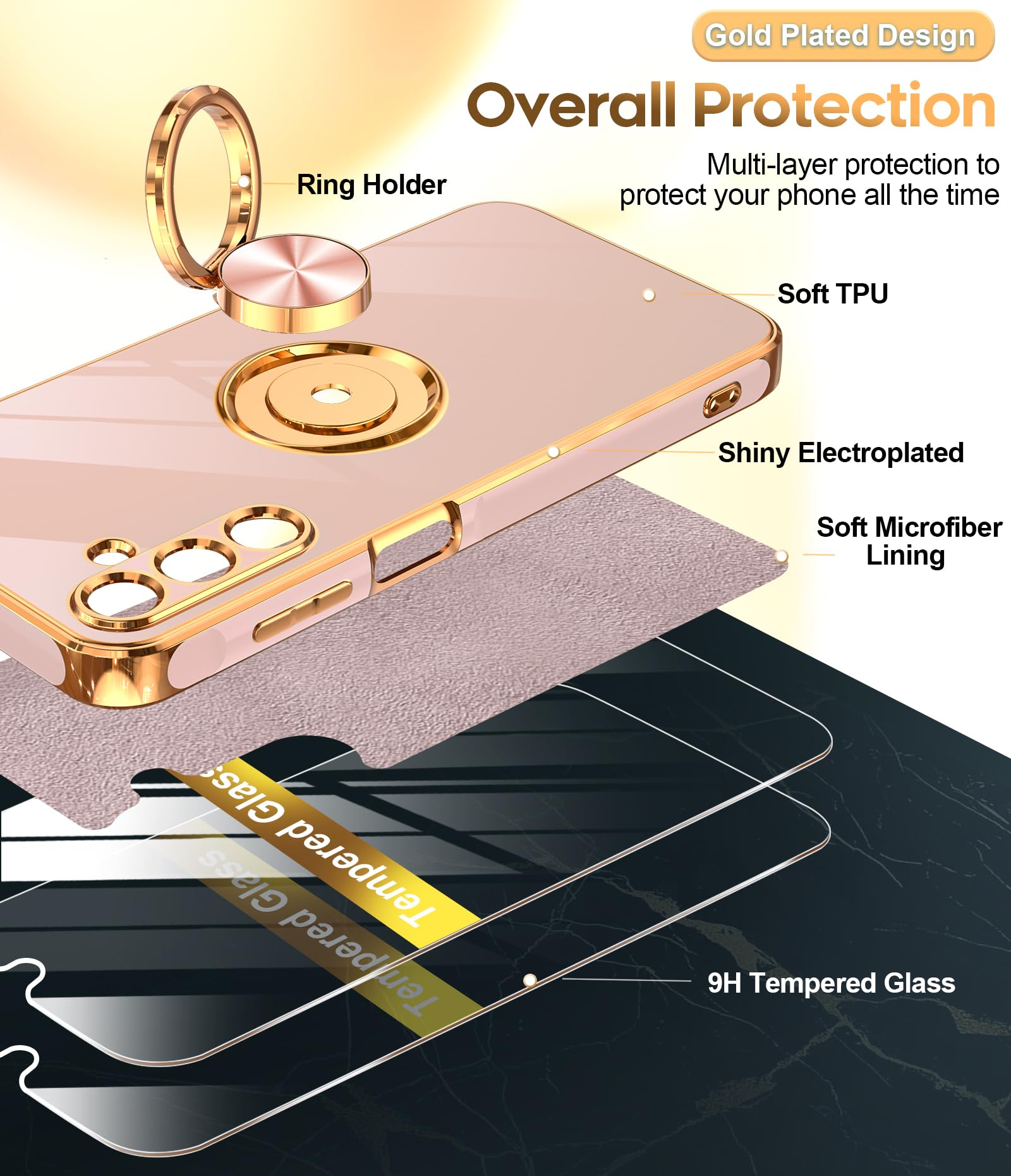 Leyi For Samsung Galaxy A15 Phone Case: With Tempered Glass Screen Protector [2 Pack] 360 Rotatable Ring Holder Magnetic Kicksta