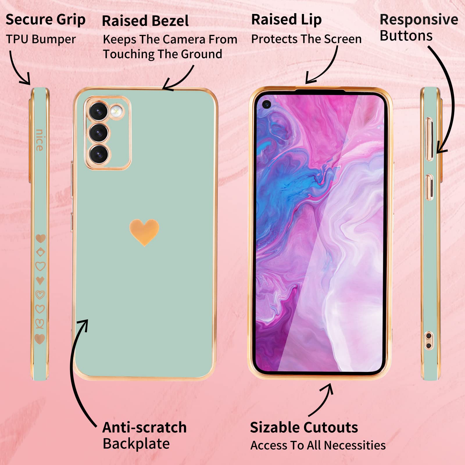 Shorogyt (3In1 Heart Case For Samsung Galaxy S20 Fe 5G/4G 6.5 Inch Women Cute Aesthetic Love Hearts Pattern Girls Light Blue Gol