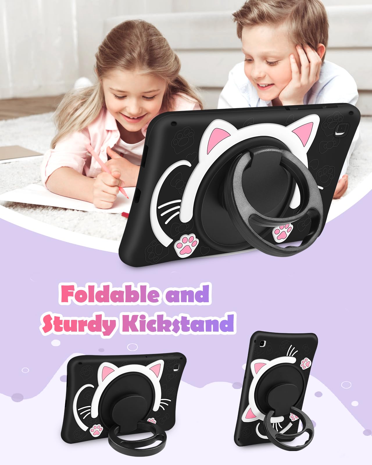 Wazzasoft For Samsung Galaxy Tab S6 Lite 10.4    Case Girls Cute Black Cat Cover Girly Kawaii Cartoon Women Kitten With Rotating