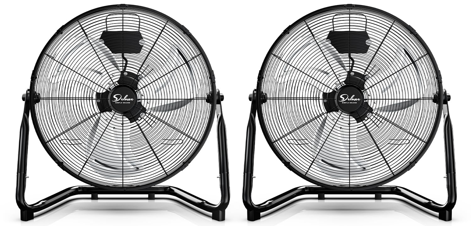 Simple Deluxe 12 Inch 3 Speed High Velocity Heavy Duty Metal Industrial Floor Fans Quiet For Home, Commercial, Residential, And Greenhouse Use, Outdoor/Indoor, Black, Hifanxfloor12Vx2