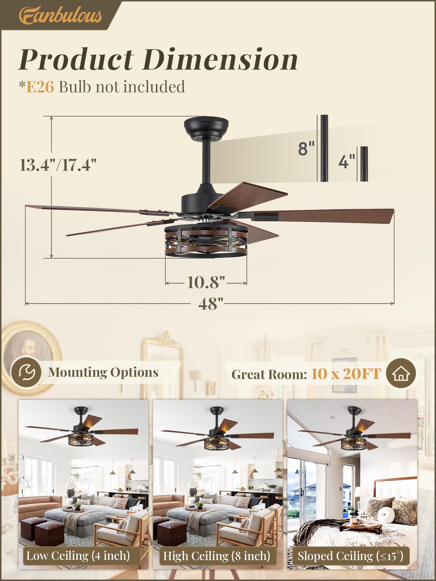 Fanbulous Farmhouse Ceiling Fans With Light, 48 Inch Bedroom Ceiling Fan With Lights, 6 Speed Adjustable, Quiet And Reversible D