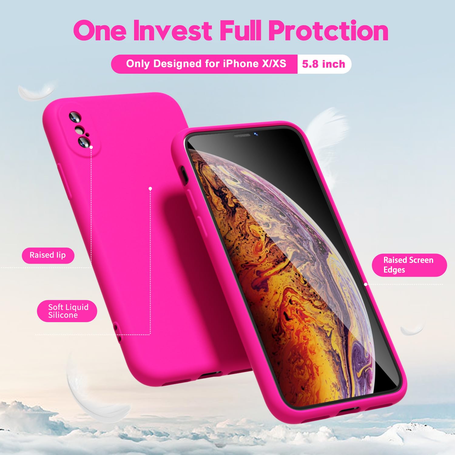 Oakxco For Iphone X Case/Iphone 10 Xs Phone Case Liquid Silicone, Neon Bright Solid Color, Thin Slim Soft Rubber Gel Matte Tpu P