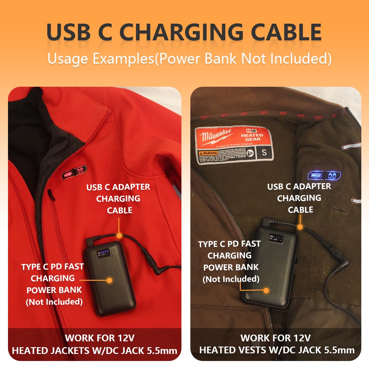 Wamlet Heated Jacket Charger Usb Voltage Step Up Dc Plug For Milwaukee, Dewalt, Snap On, Metabo, Revean, Craftsman, Aeg, Makita
