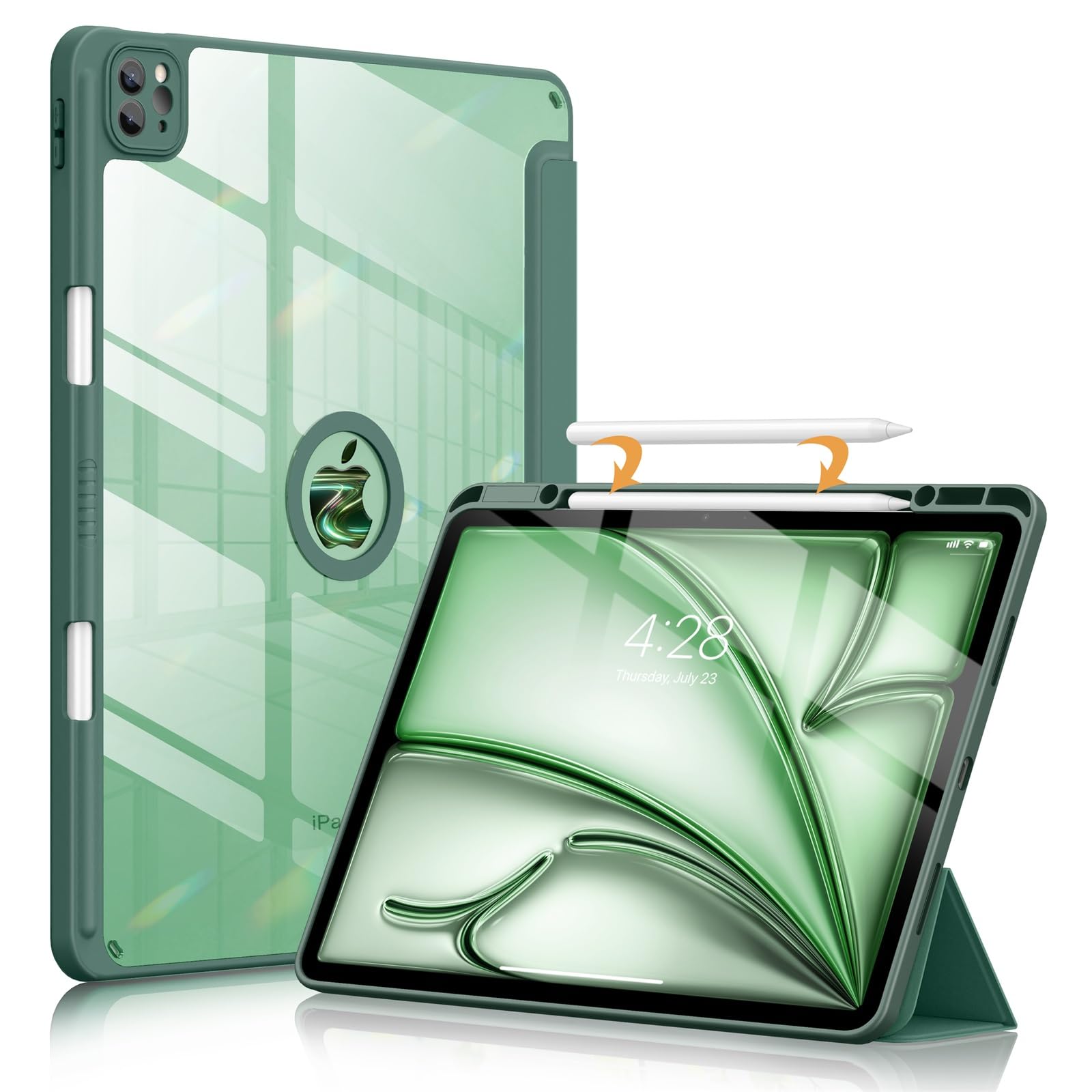 Soke Case For Ipad Air 13 M2 2024/Pro 12.9 (6Th/5Th/4Th Generation, 2022/2021/2020)   Pencil Holder+Auto Sleep/Wake+Camera Protection, Shockproof Back Cover For Ipad Pro 12.9 Inch, Midnight Green