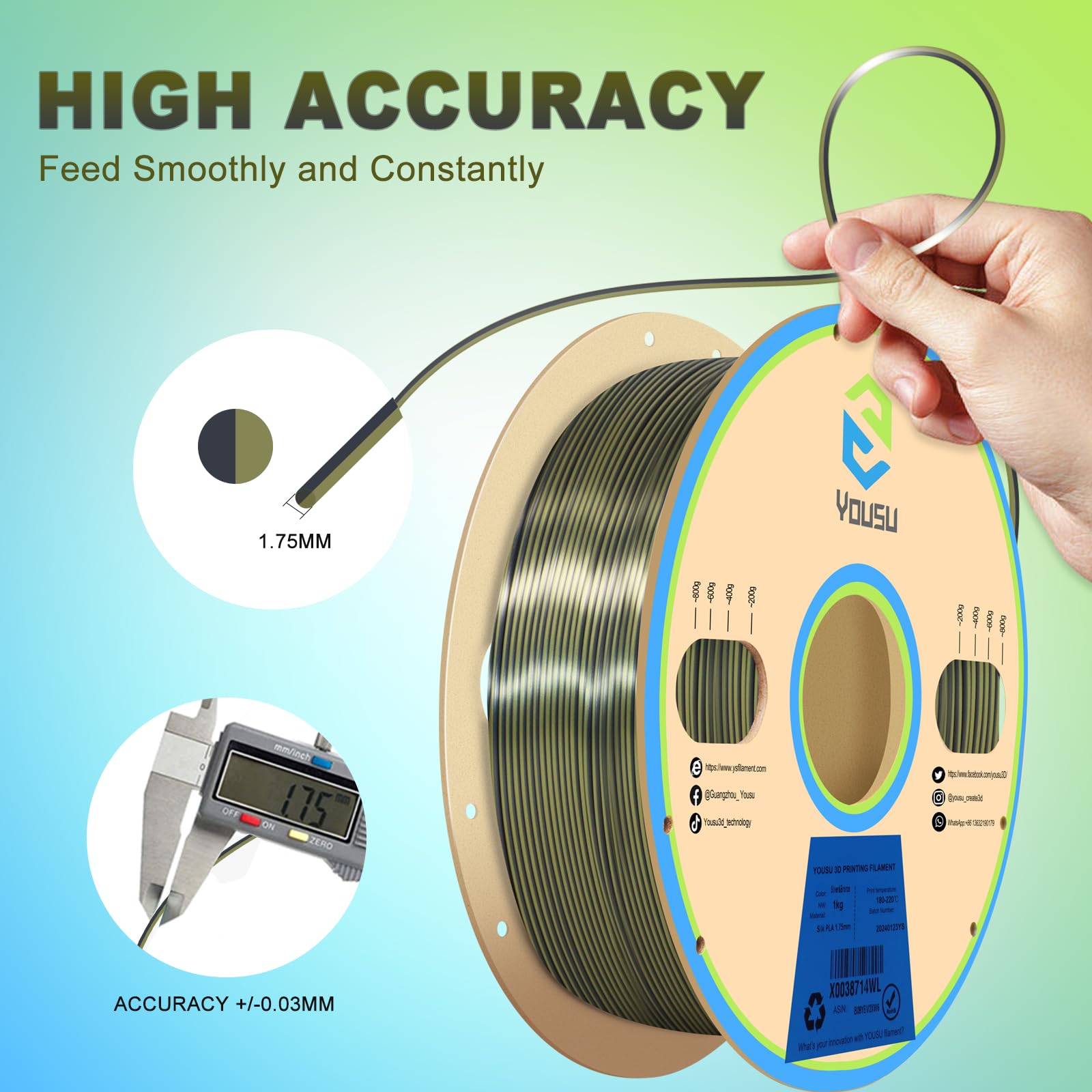 Yousu Silk Dual Color Pla Filament, Coextrusion Filament, Multicolor 3D Printer Filament 1Kg, Dichromatic Filament 1.75Mm (