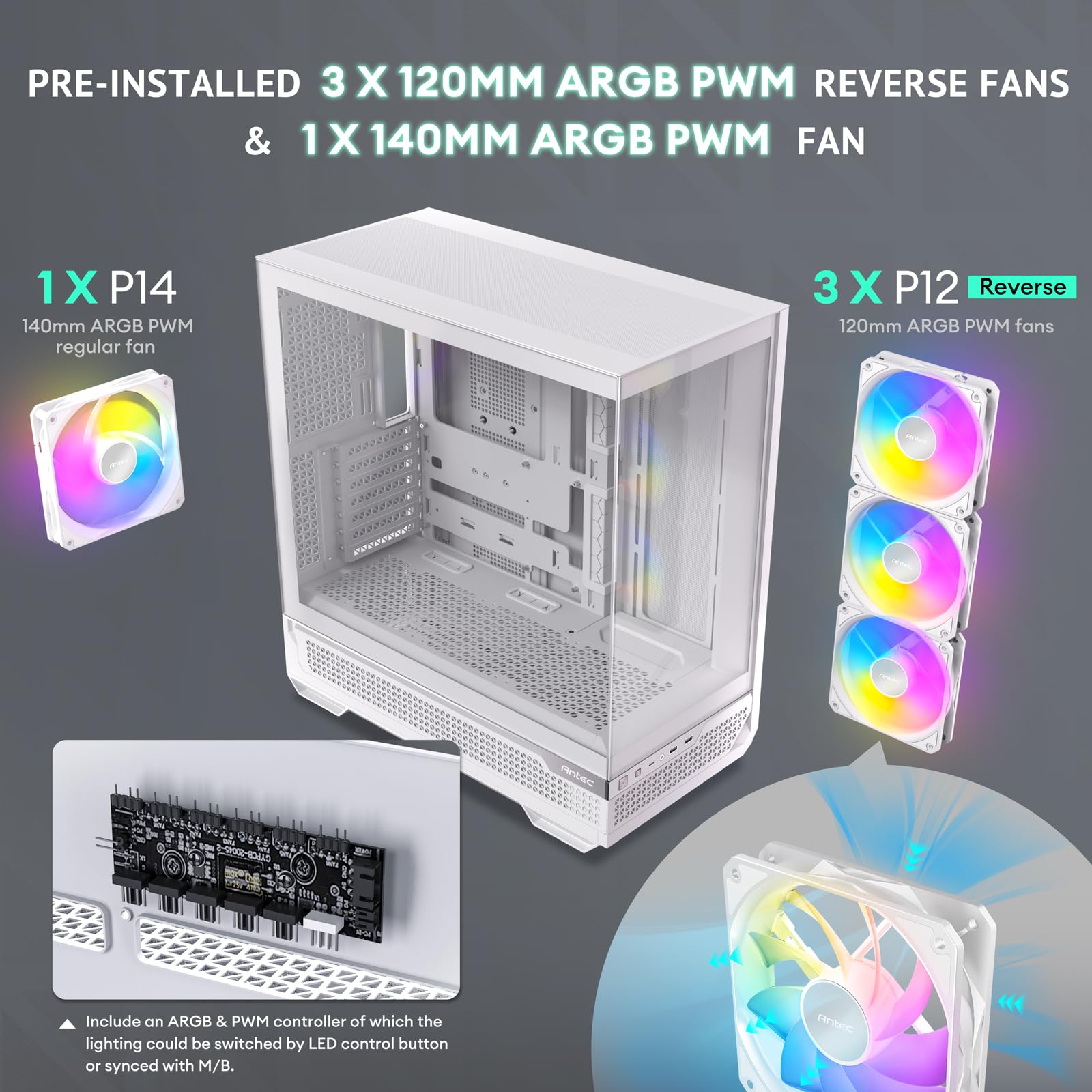Antec C7 ARGB White Mid-Tower E-ATX Case, RTX 40 GPU Support, 4x 120mm ARGB Fans, Vertical Cooling, 360mm Radiator Support