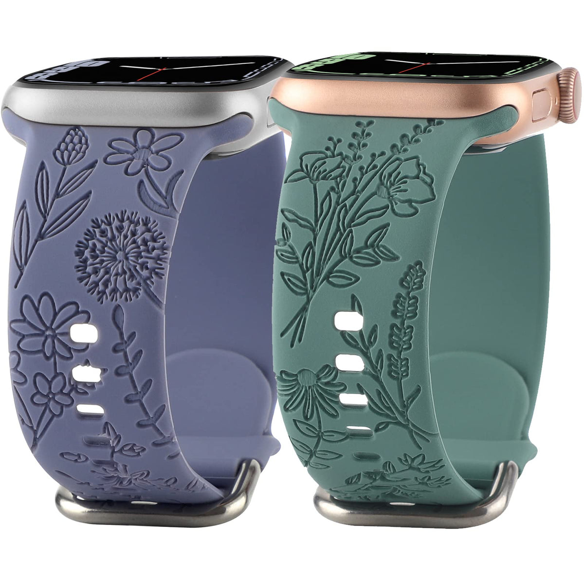 Flower Engraved Silicone Band Compatible With Apple Watch Bands 38Mm 40Mm 41Mm, Cute Women Wildflowers Floral Design Soft Sport Strap Replacement Wristbands For Iwatch Series 8 7/Se/6/5/4/3/2/1 (42/44/45Mm, Green Lavender)