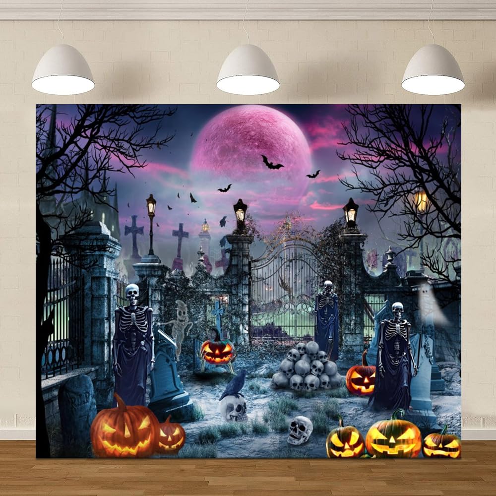 Halloween Backdrop Photography 10X8Ft Scary Cemetery Skull Moon Night Halloween Party Birthday Photo Backdrop Creepy Graveyard P