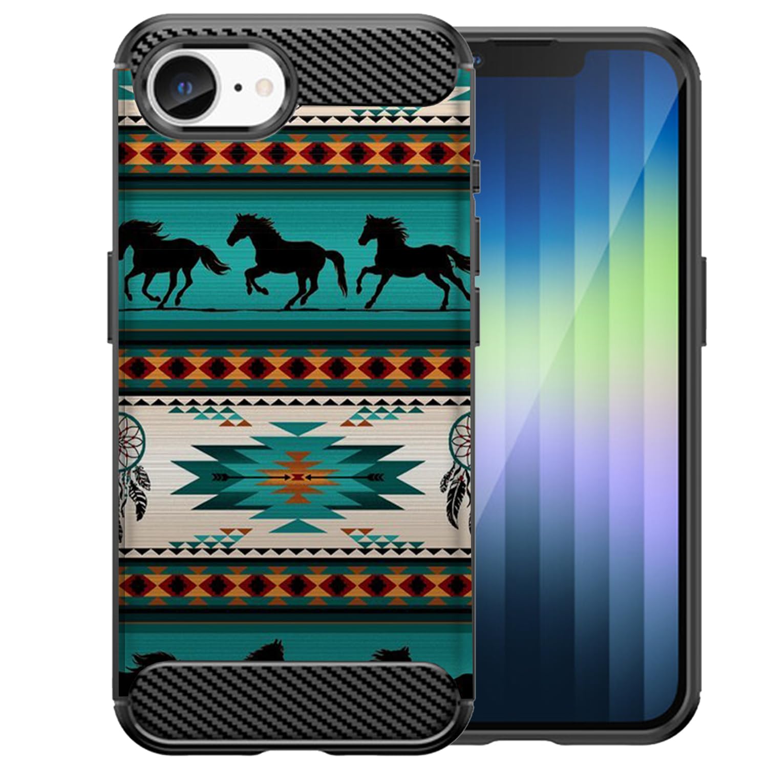 CasesOnDeck Case Compatible with [Apple iPhone 16E Case] Tribal Floral Matte TPU Flexible Carbon Fiber Textured (Horse Tribal)