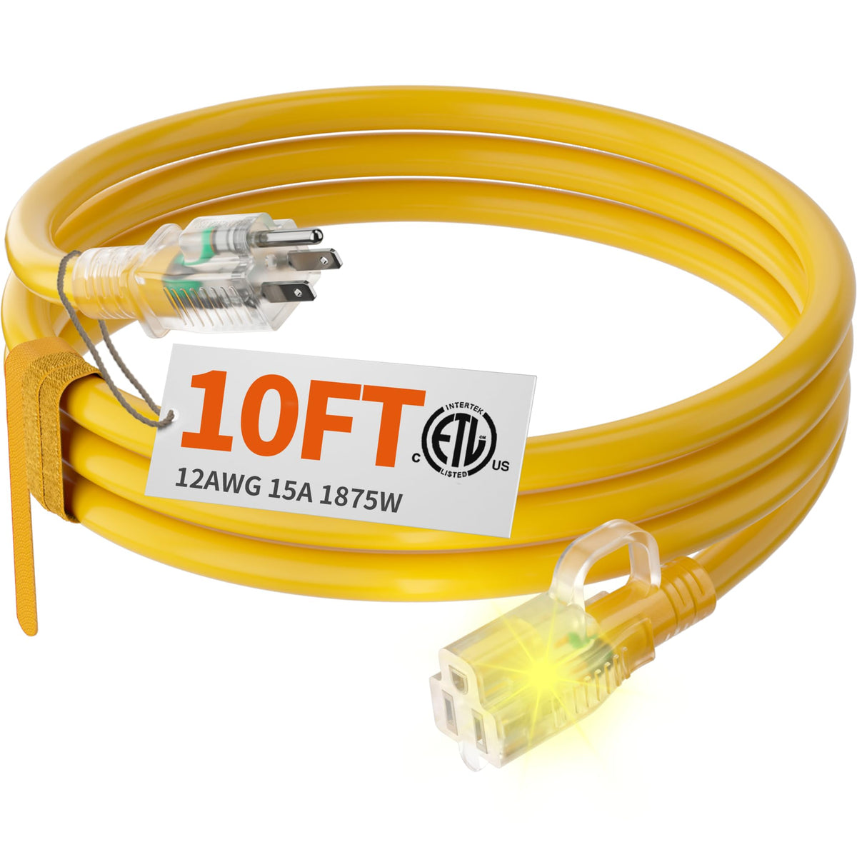 Huanchain 12/3 Gauge Heavy Duty Outdoor Extension Cord 10 Ft Waterproof With Lighted End, Flexible Cold Resistant 3 Prong Electr
