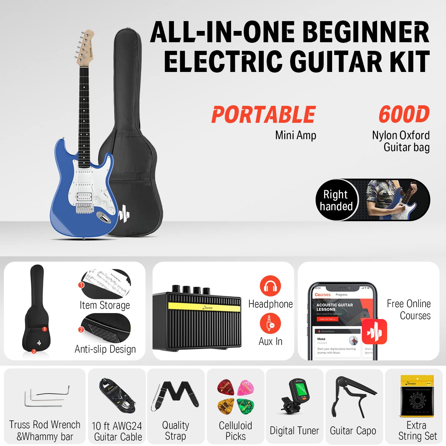Donner Dst 100T 39 Inch Electric Guitar Beginner Kit Solid Body Full Size Lake Blue Hss Pick Up For Starter, With Amplifier, Bag