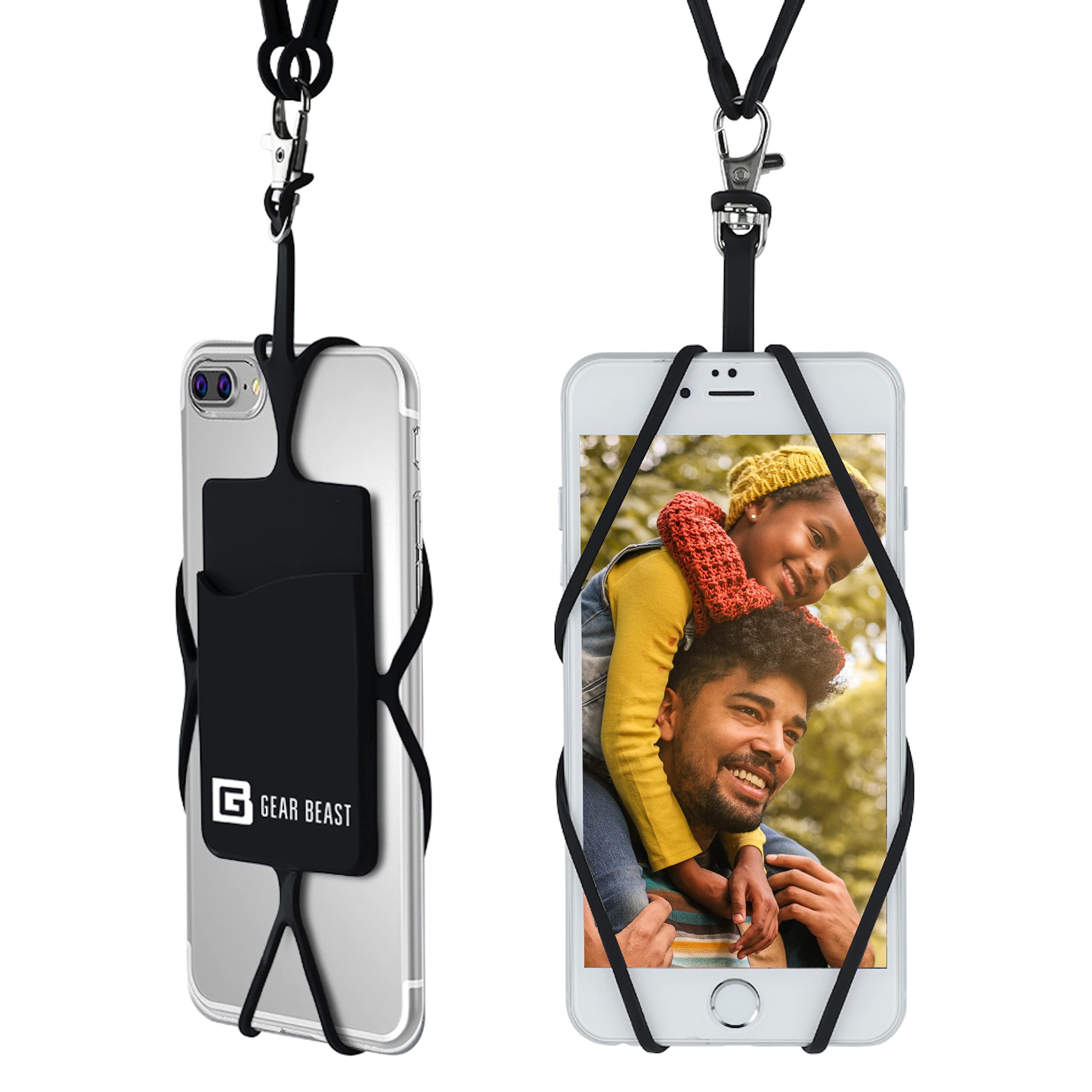 Gear Beast Cell Phone Lanyard  Universal Neck Phone Holder w/Card Pocket and Silicone Neck Strap (Black)