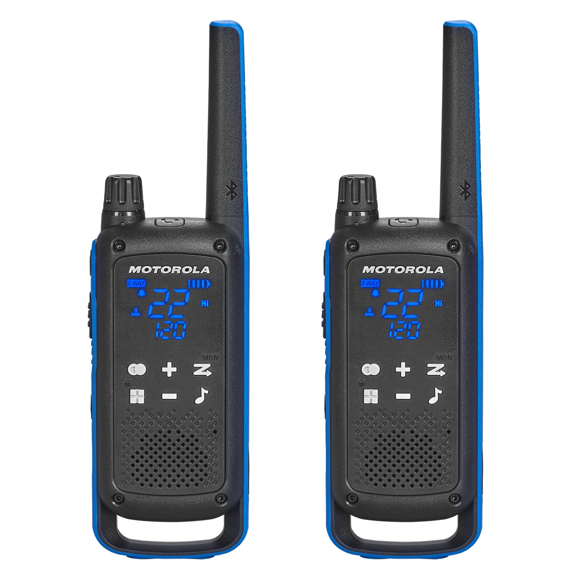 Motorola Solutions, Portable Frs, T802, Talkabout, Two Way Radios, Emergency Preparedness, Rechargable, 22 Channel, 35 Mile, Black W/Blue, 2 Pack