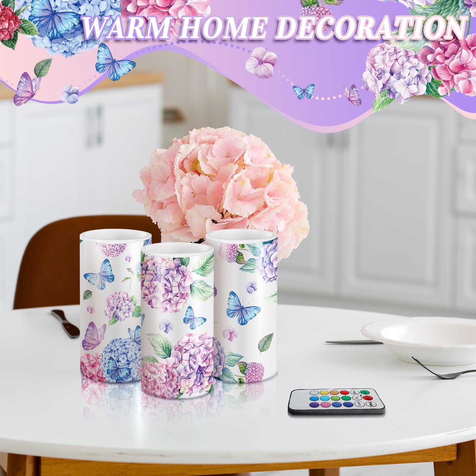 Roceei 3 Pcs Flameless Candles Led Candles Battery Operated Butterfly Flickering Real Wax Candles With Remote Floral Spring Deco