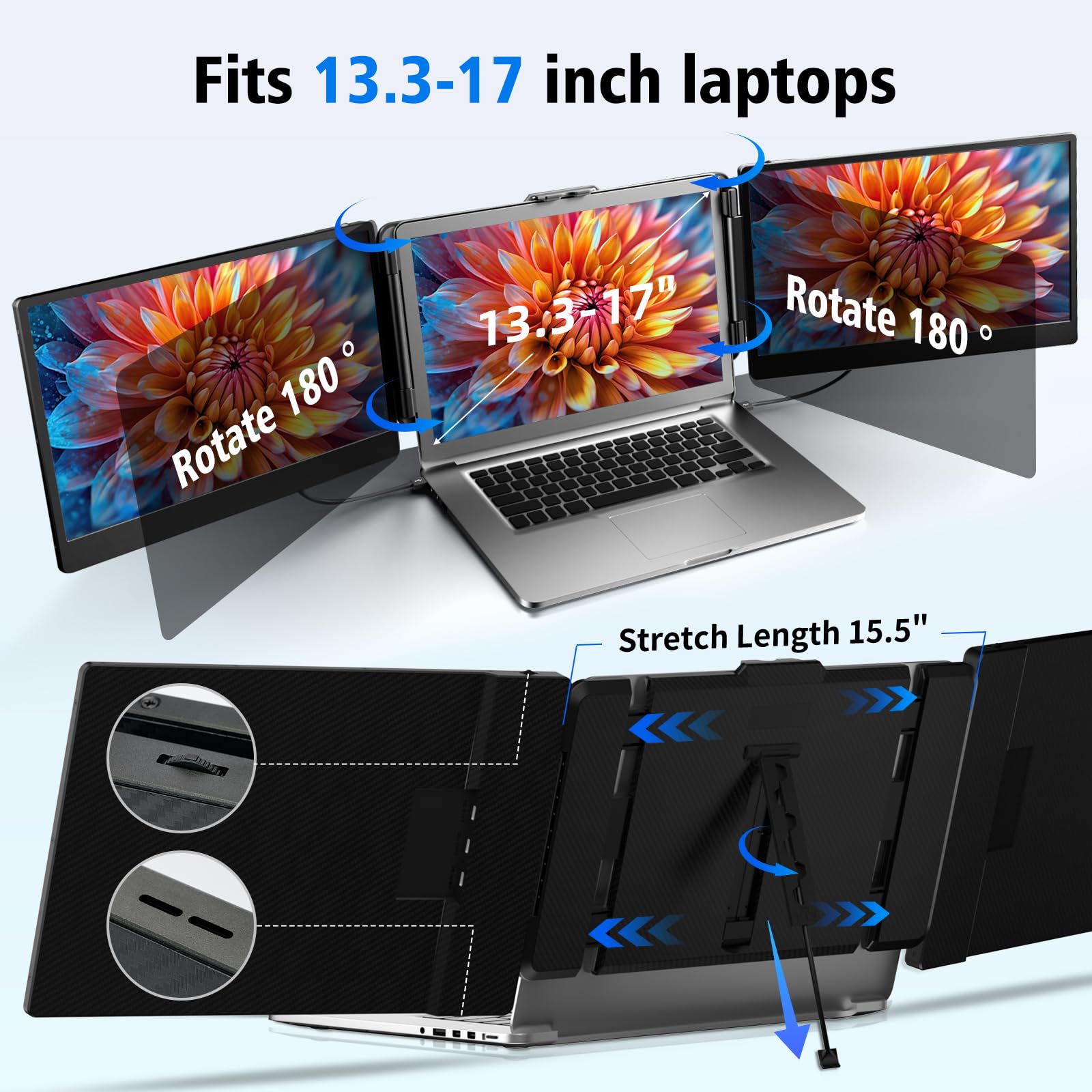 Laptop Screen Extender Triple Monitor   14'' Portable Monitor Fhd 1080P Tri Screen Attachment Extended For Laptop Extra Screen C