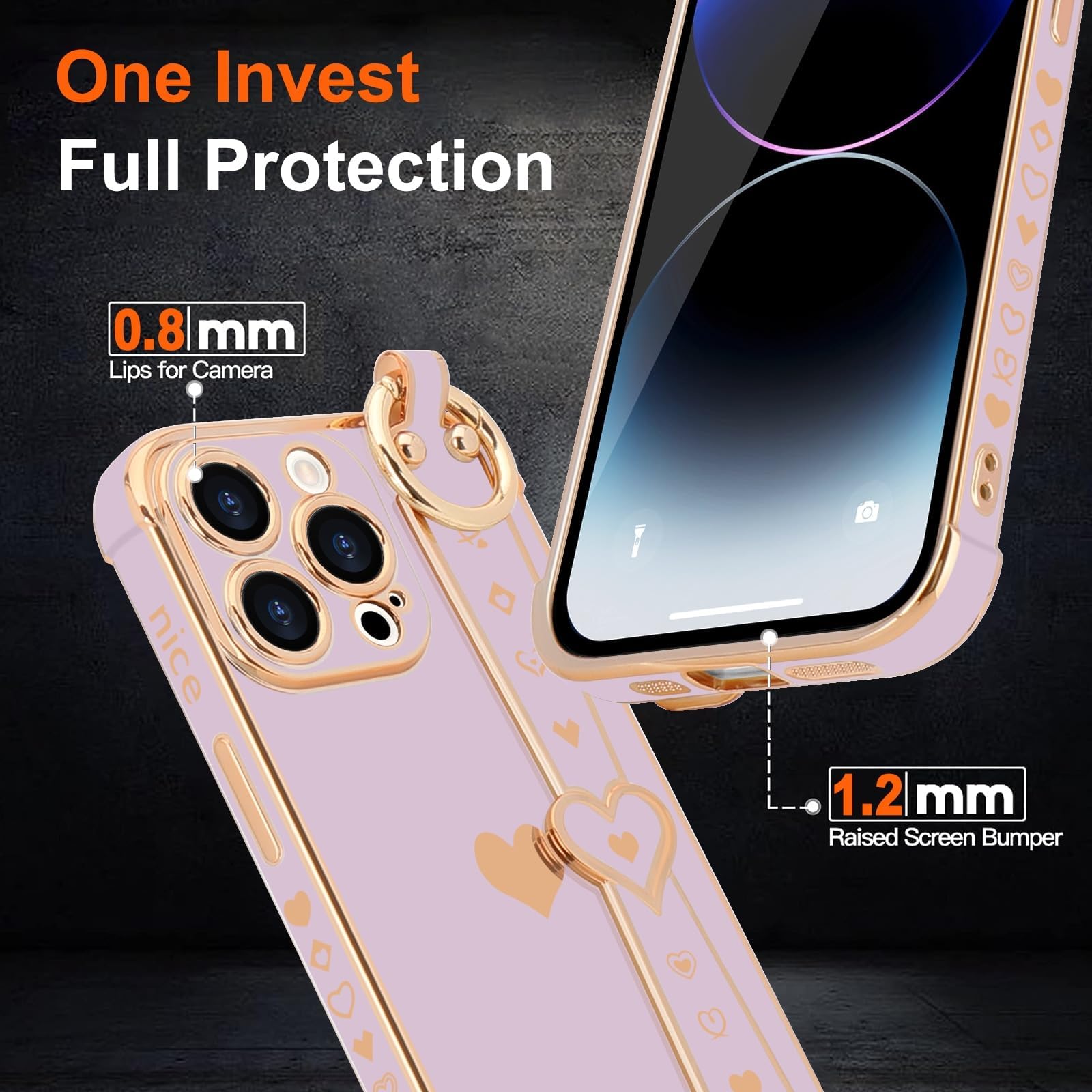 Llz.Coque For Iphone 14 Pro Max Case Cute Love Heart Plating Strap Phone Cover For Women Girls Bling Silicone Camera Lens Protec