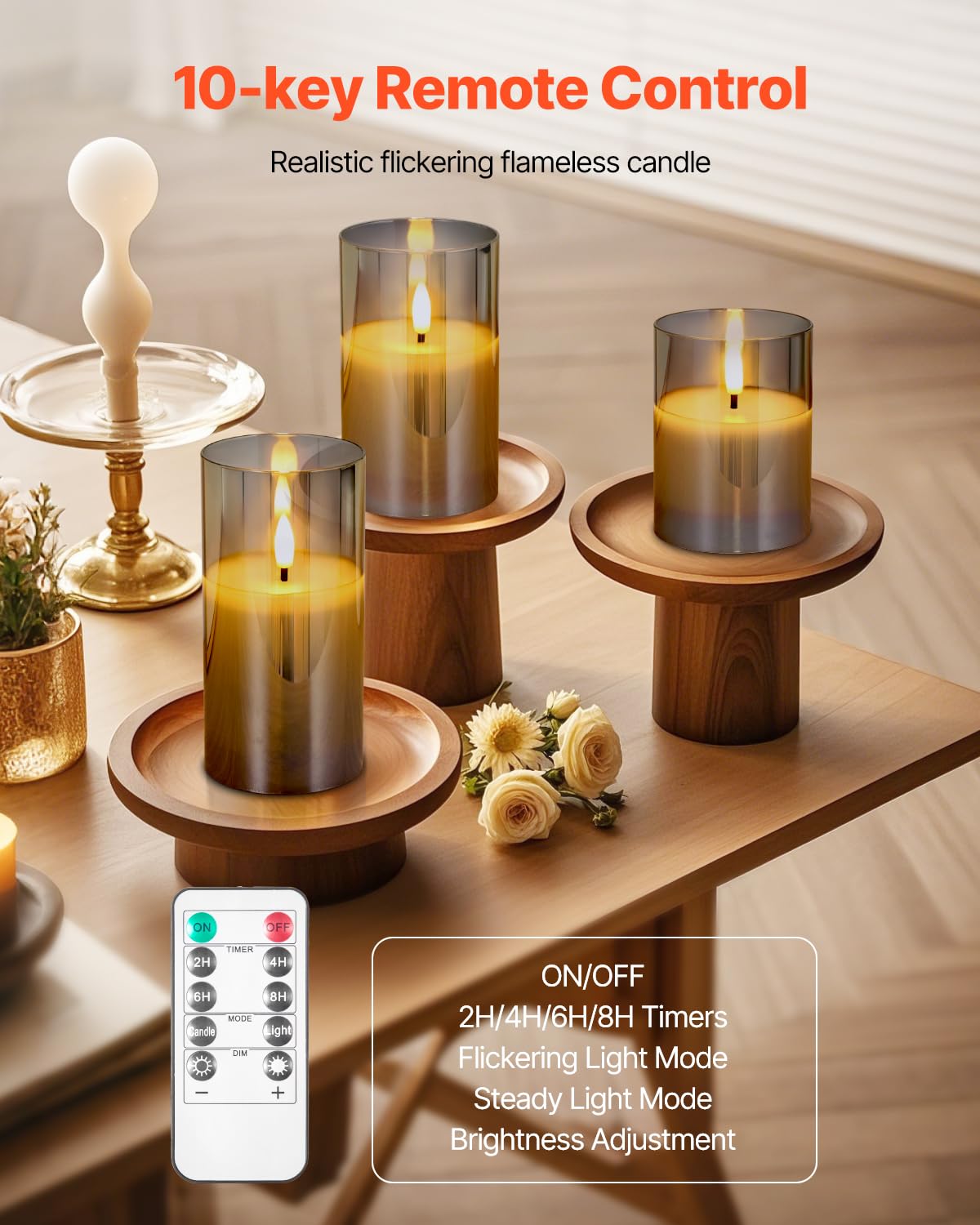 Vevor Gray Flickering Flameless Candles, Set Of 3 Battery Operated Flameless Led Candles With 10-Key Remote And Timer, Real Wax