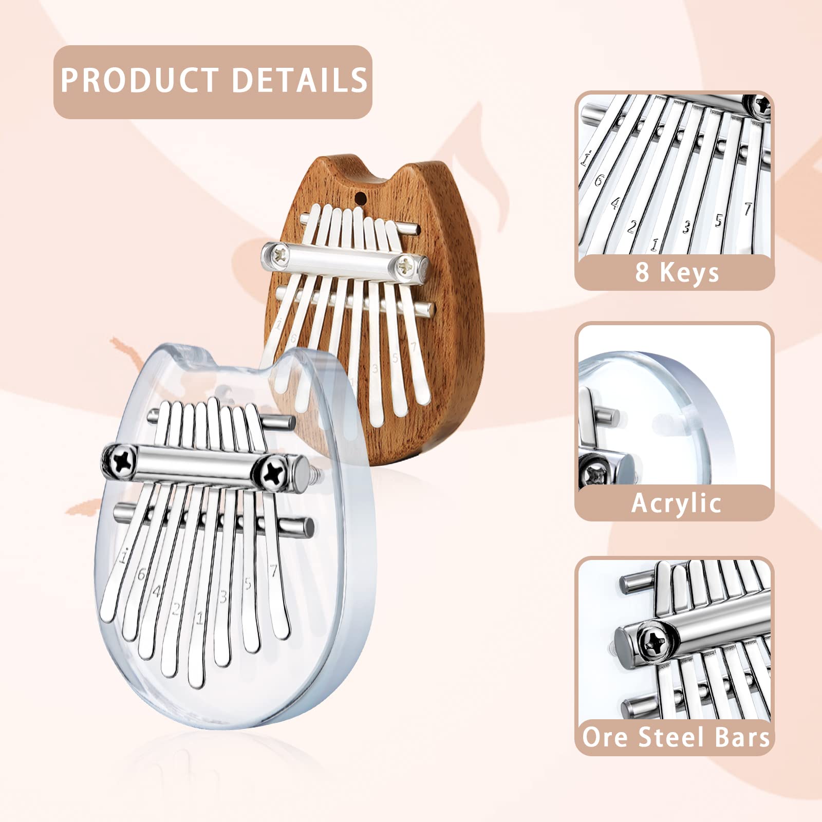 2 Pack Mini Kalimba Thumb Piano 8 Keys,Portable Solid Wood And Acrylic Mbira Finger Piano For Kids And Adults,Pocket Musical Gif