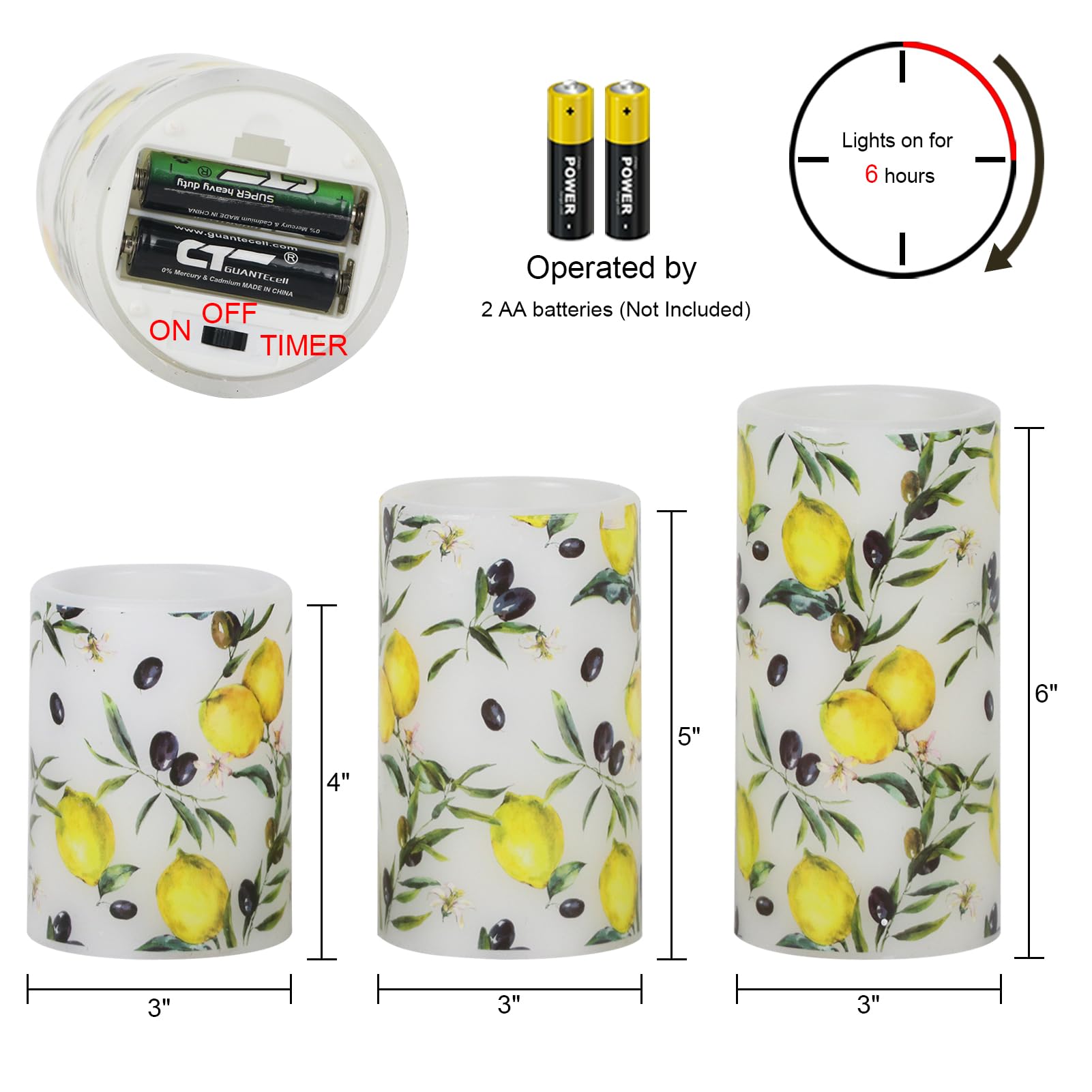 Dromance Flameless Pillar Wax Candles With 6 Hour Timer Battery Operated 3 Packs Lemon Decals Led Flickering Candles Yellow Ligh