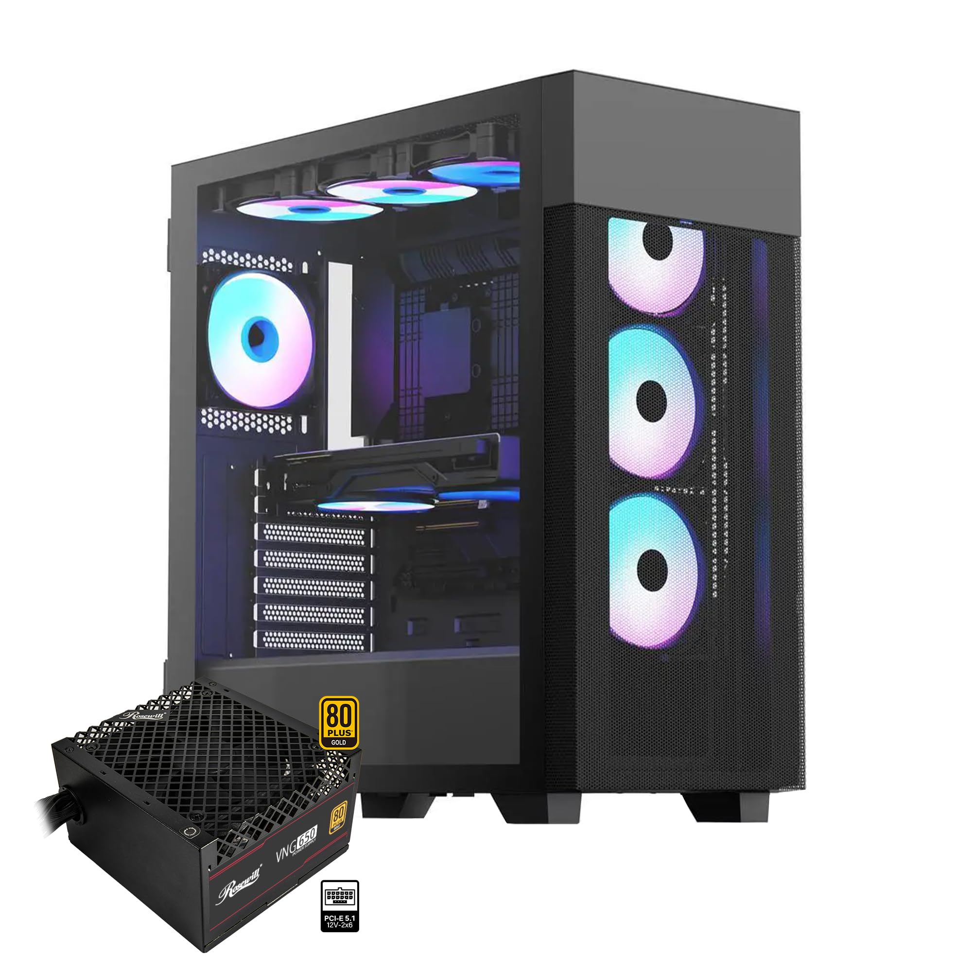 Rosewill FBM-X7 ATX Mid Tower Case - Hinged Tempered Glass Side Panel, High Airflow, 4X PWM ARGB Fans, Pre-Installed 650W 80+ Go