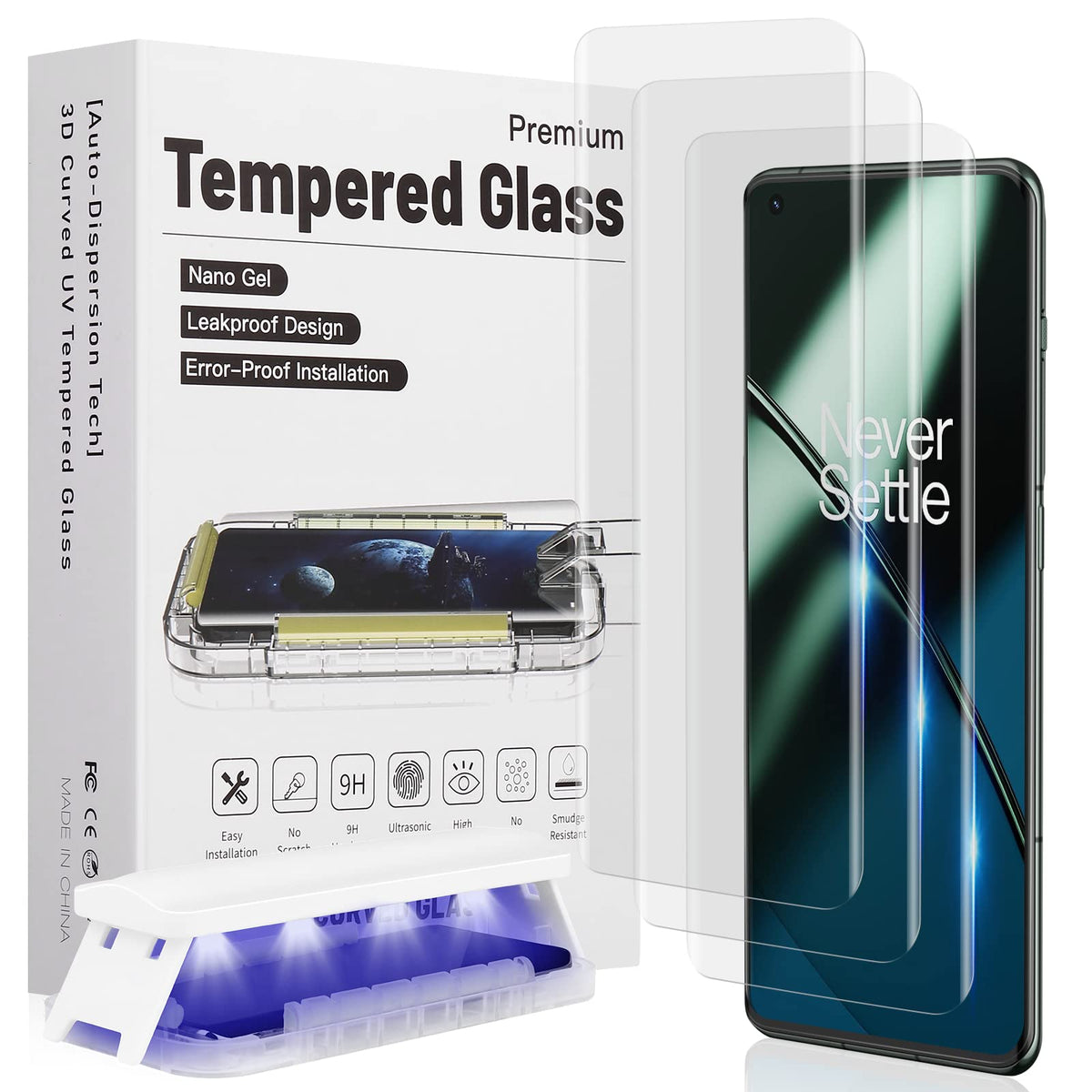 Flokinice Compatible For Oneplus 11/10 Pro Screen Protector, [Auto Dispersion Tech] Full Coverage Hide Scratches Fingerprint Sup