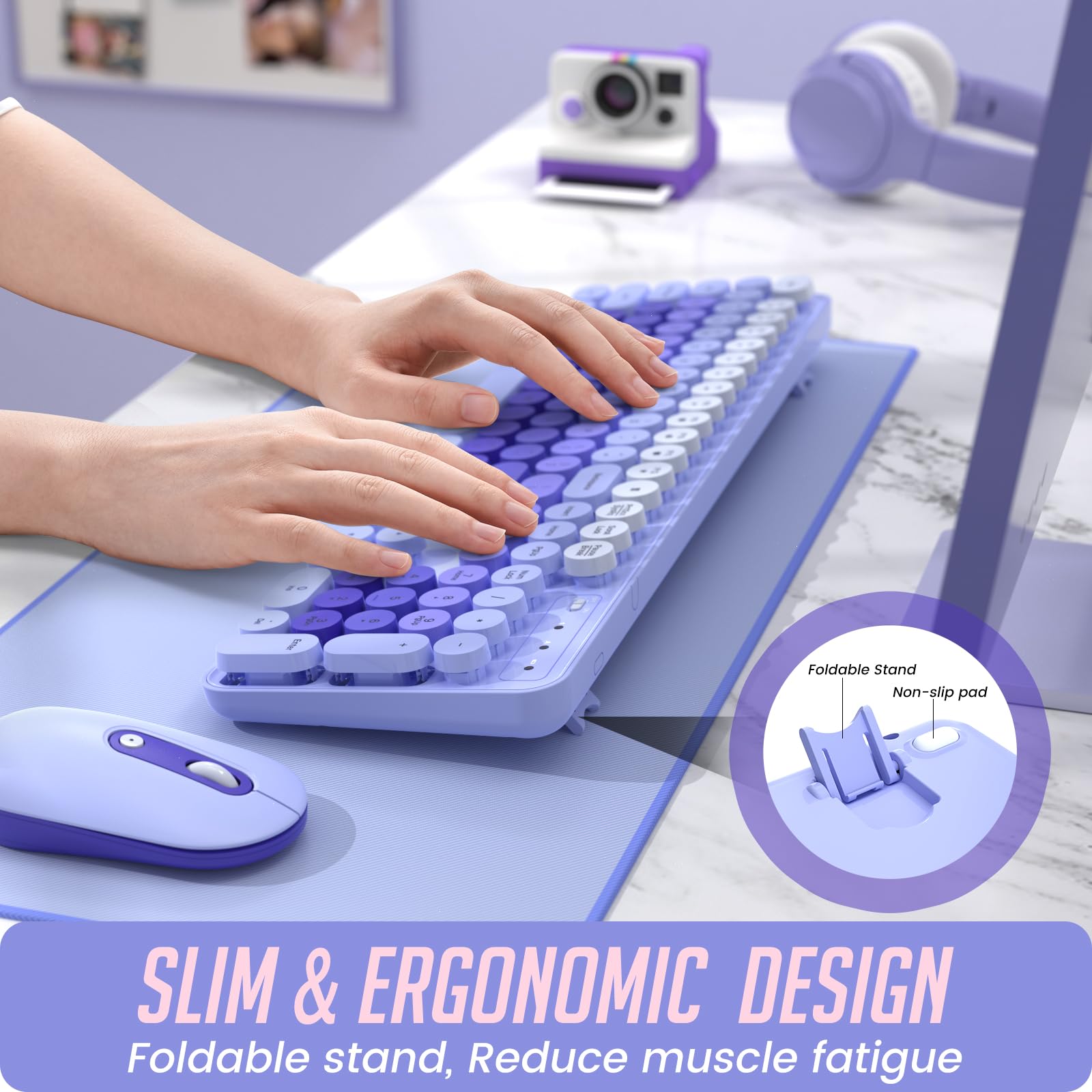 Wireless Keyboard And Mouse, Silent Keyboard Mouse Combo, Full Sized Colorful Typewriter Keyboard With Round Keycaps, 2.4G Cute